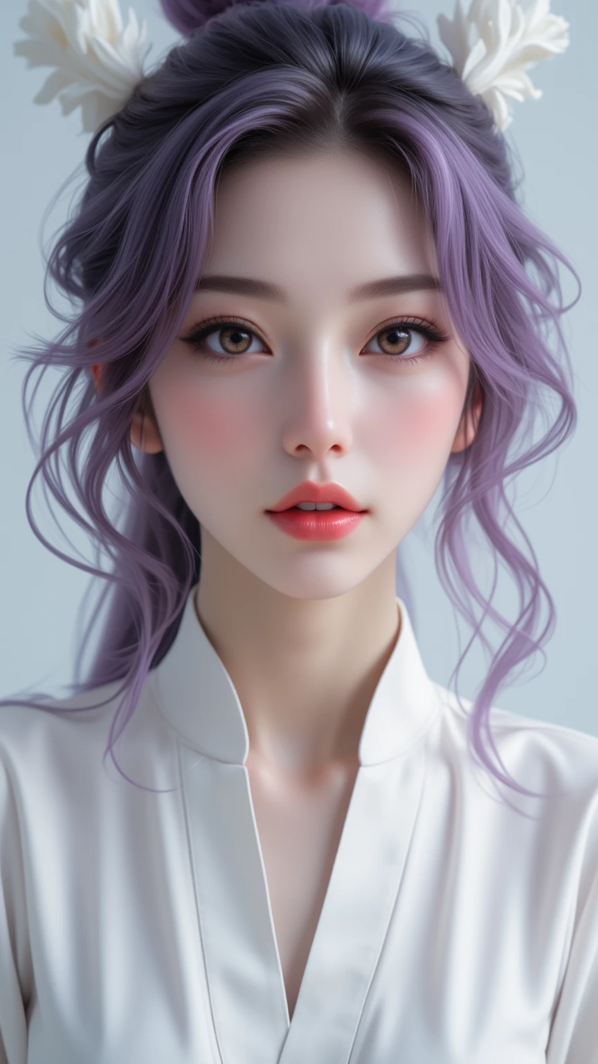 A angry mommy with long light pink soft purple hair, perfect big booba , good quality, detailed beauty face