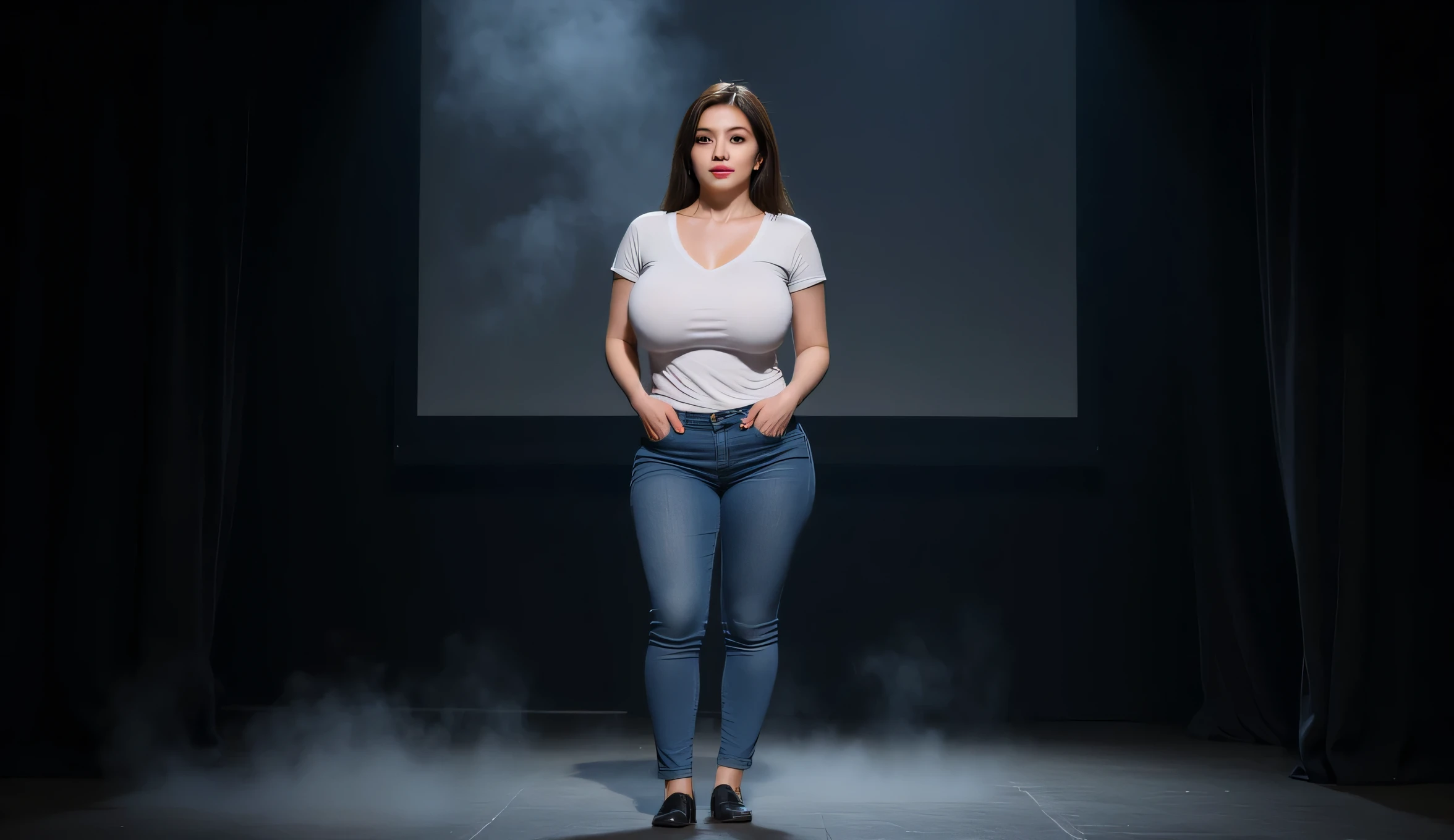 big breasted woman standing with full body wearing short jeans and a white t-shirt, her face is very detailed. The background displays a large LED screen. Black mist creeps across the stage floor, adding to the ominous supernatural effect.
Occasionally, spotlights flickered, casting eerie shadows on the billowing black curtains in the background,