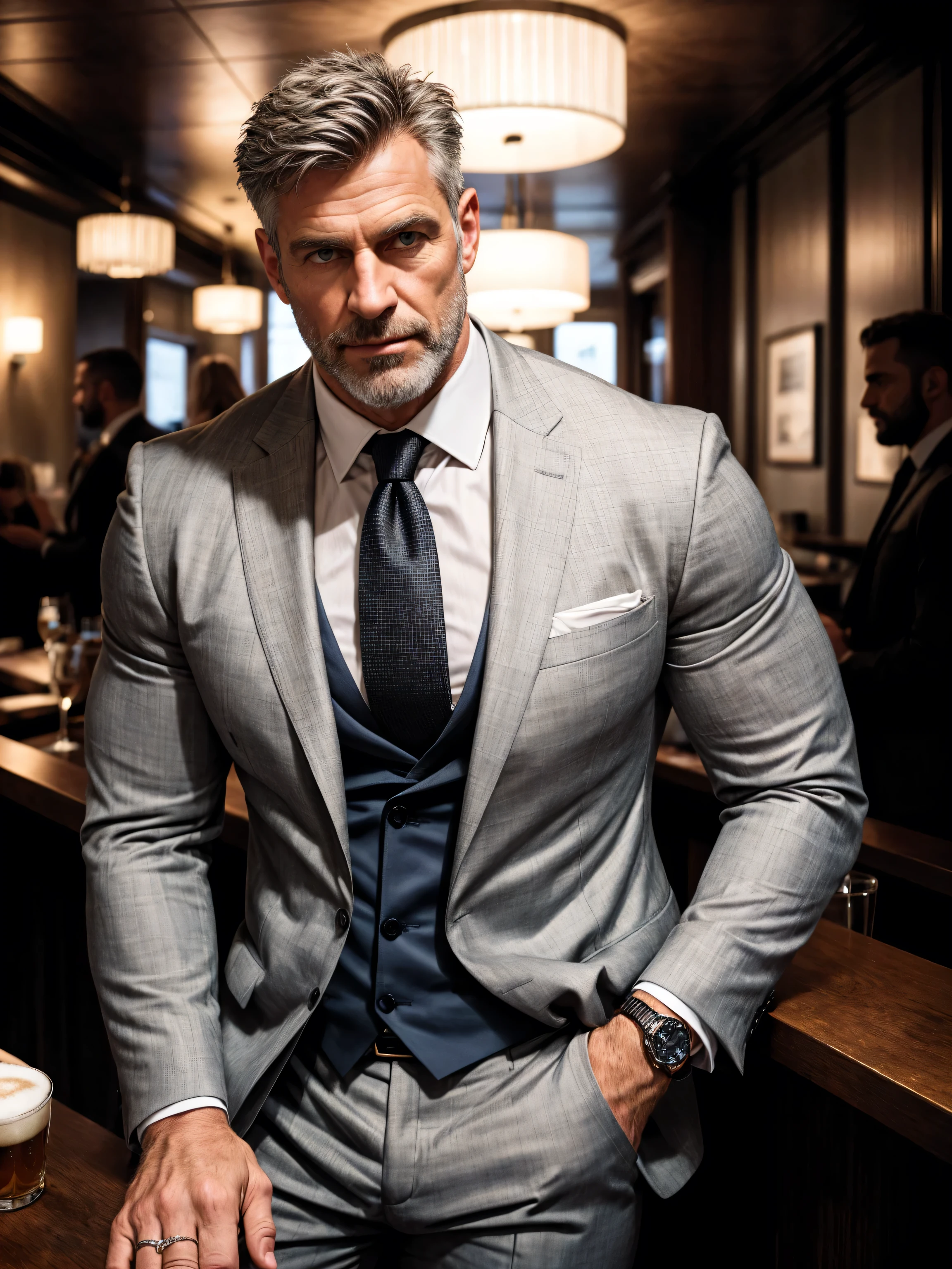 ,Far shot! Hairy chest muscles! Furry armpits！Someone is watching next to it. , sexy digital art, men in a suit and tie sitting in a beer bar, suit and tie, Rolex watch, Finger rings, wearing a suit and tie, wearing a suit and a tie, wearing suit and tie, wearing a shirt with a tie, wearing a business suit, wearing business suit, wearing black grey suit, wearing a stylish men's suit, wearing a suit, wearing a strict business suit, (8k, masterpiece, best quality, high resolution, Super detailed)elegant！Stylish background！！high-definition,8k,buzz cut！！！ muscular,chesthair,Hairy chest muscles！shirtless,smirk, masterpiece, best quality, high resolution, detailed background,Strong body,Very,male,he is about 50 years old,Rugged and handsome looking,Muscle tissue,Excessive muscles,chest muscles!Angry detailed background, frown, best quality, masterpiece,（muscular：1.5）,（white hair：1.5 ）,（Body hair is gray：1.5）,（Skin Wrinkles：1.5）,（full body portrait：1.5）,（skin glow：0.5） full body portrait！SLR camera:1.5, best quality:2, masterpiece:2, Atmospheric, epic, spotlight,reflection,emphasize,Very detailed, depth of field, sharp focus, Detailedtexture,lifelike,Fuji XT3, Quality shadow, Hollywood level visual effects, gritty realism, Amazingatmosphere,gloomy,Handsome, tall and with lots of chest hair, award winning poster, Highly detailed HD, lingering,(dirty smile), coffee table , wine, loughing, (( look each other, )) , mature male muscular,handsome male！