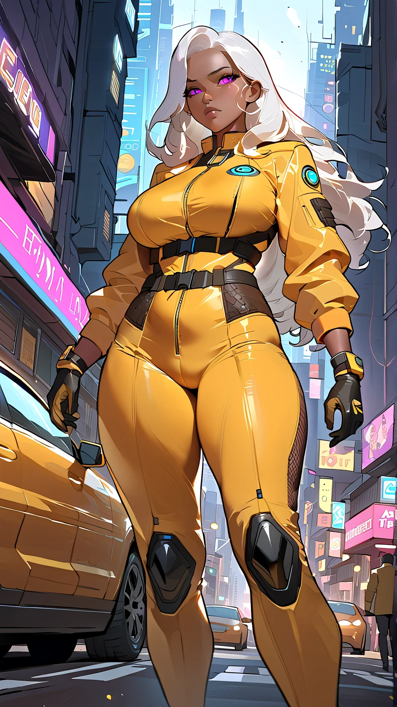 ((melhor qualidade)), ((4KUHD)), ((obra de arte)), (detalhado), rosto perfeito, melhorar, pele bronzeada, terno militar, grande , grande ass, holding grande knife, noite, decote, CIDADE, cabelo liso, cabelo loiro, standing