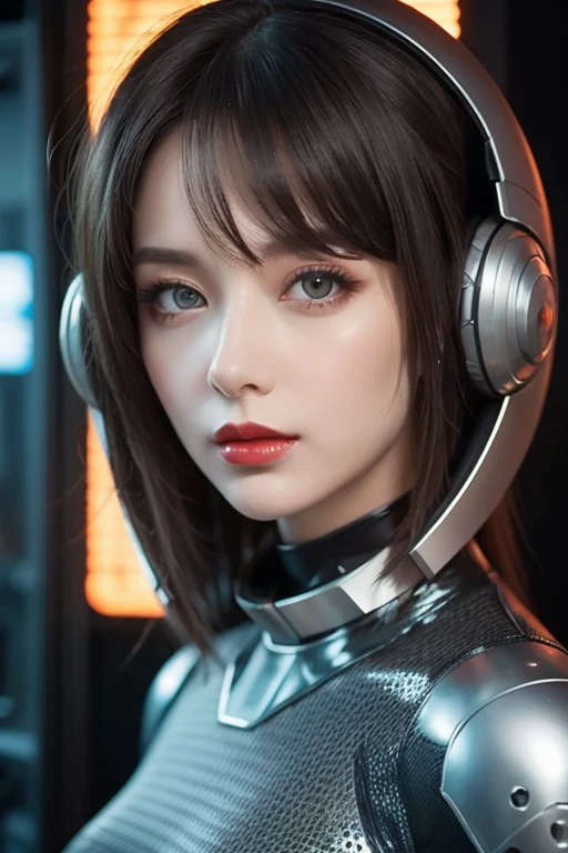 Realistic picture 8k,Masterpiece,complicated details,Highest quality,hips up,perfect anatomy,Great dynamic composition,Bright natural light that is easy on the eyes,Hyper clarity, full hd,Young woman with long gray hair,Has a human body mixed with a machine.,red orange machine,There was a neon light radiating from the machine.,Put on those wonderful, ultra-light headphones.,glowing headphones,The background is a deserted star at night.