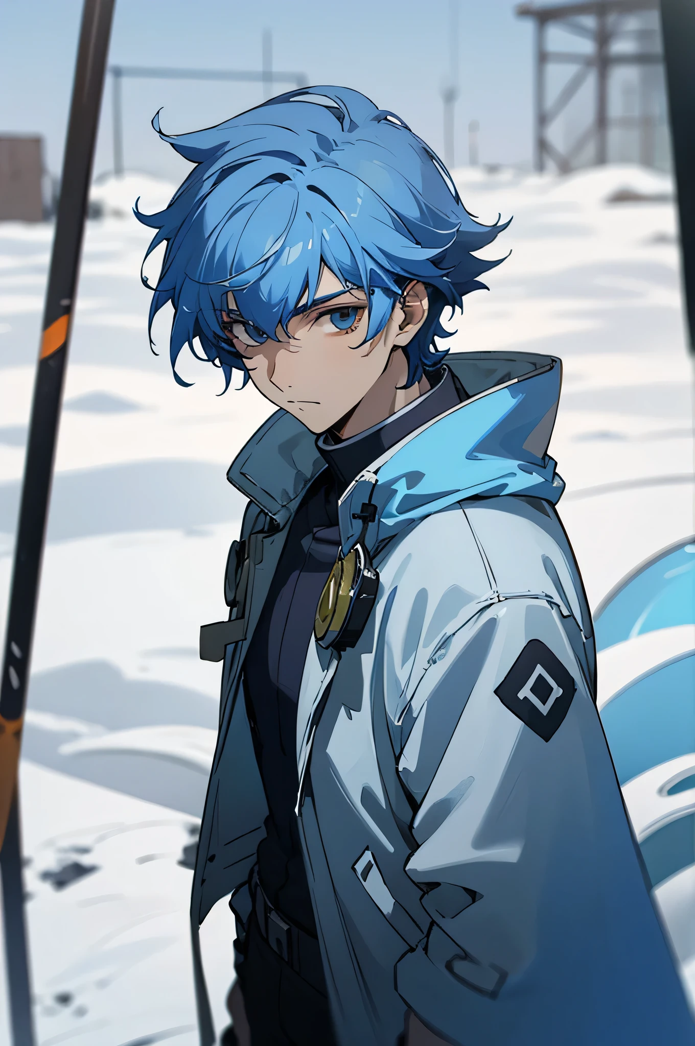 best quality, masterpiece ,good quality,perfect generation
1boy, solo male, male focus, light blue hair, coat, goggles, looking at viewer, outdoors, snow, Army Base Background.