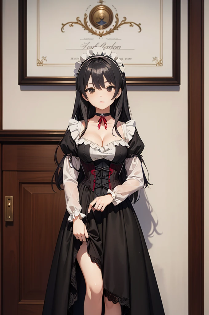 masterpiece, anime style, A young girl, of foot, ( seen from the front ), pretty face, tender look, long black hair, detailed eyes, black eyes, choker : 1.6, ((Victorian style dress in white and red)), corset, self-critical , elegant room, elegant mansion