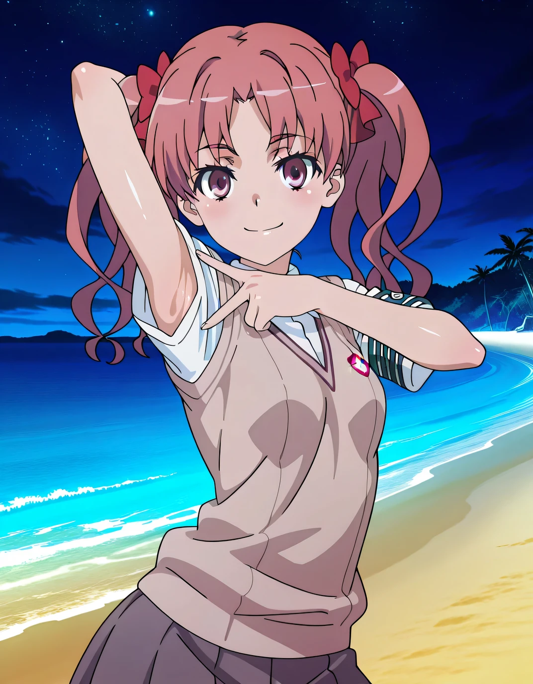 Shirai Kuroko, long hair,pink hair,wavy hair,twintails,hair bow,red bow,hair ribbon,red ribbon,parted bangs,pink eyes tokiwadai school uniform,brown sweater vest,white shirt,collared shirt,armband,short sleeves,small breasts,miniskirt,grey skirt,pleated skirt, anime screencap, shiny skin, solo, night sky, beach, v, spread armpit, presenting armpit, ((contrapposto)), closed mouth, upper body, looking at viewer, smile, best quality