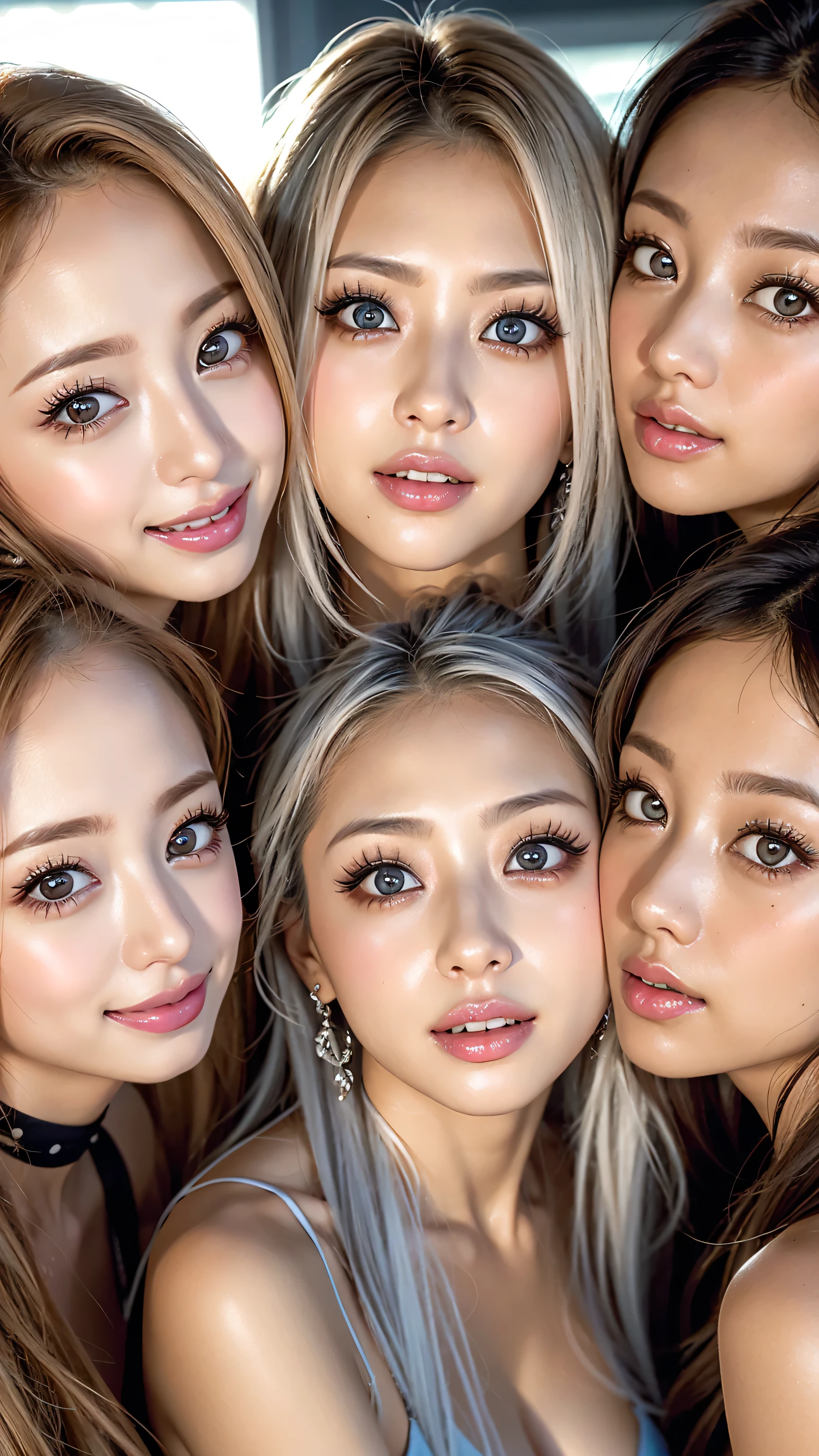  8k,high definition、    ultra clear   、  eyes match 、is staring at me、 I'm watching a close-up。My Face  、   すべての  eyes match、   click here、I want to get close to beautiful women nearby 、   big nipples , huge nipples,Look at me with a smile              、vision、              Beautiful platinum colored hair                             、                pose                                                  、                                            4 beautiful women look at our beautiful long legs from an angle                                   、   I'm watching in close-up、I want to make eye contact with everyone, My lips stick out                