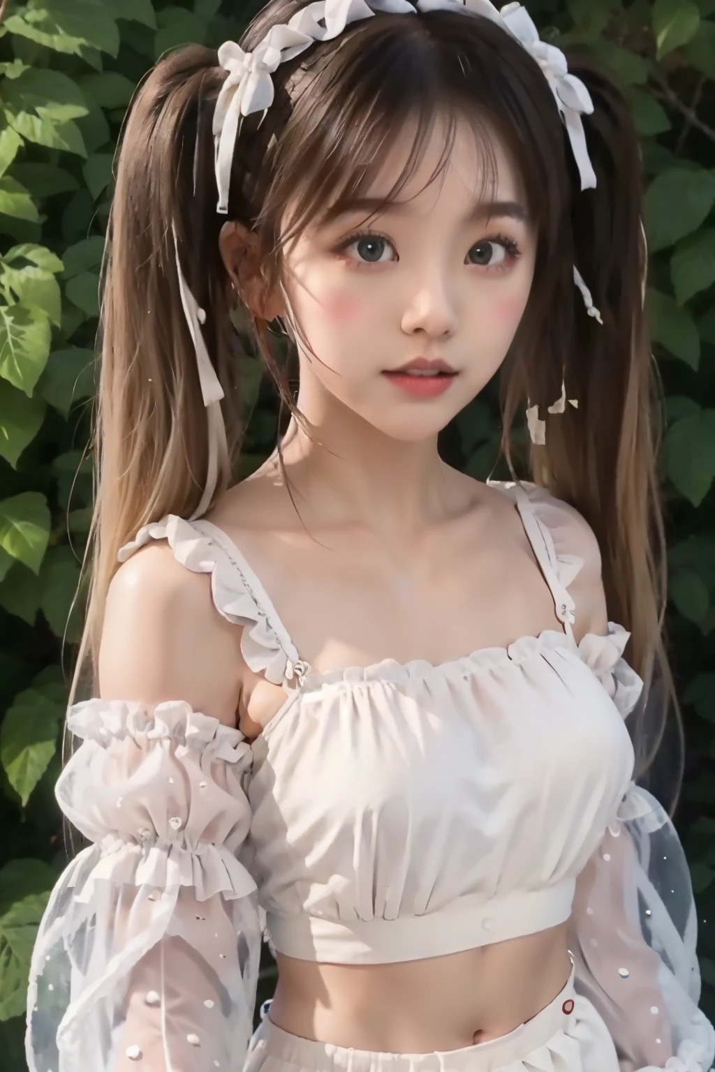 1 girl, twintails, upper_body, polka dot blouse, HIGH WAIST SKIRT, beautiful innocent girl with ankle socks , platform loafers, and cute hair accessories.