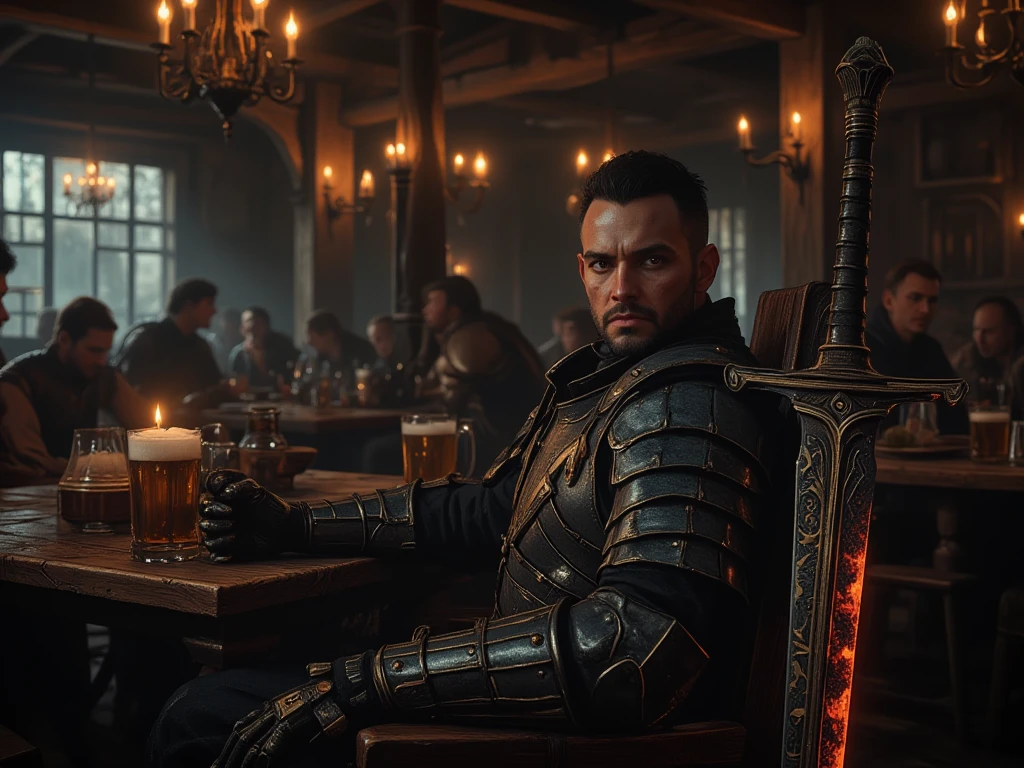 Dremora, male, colored skin, red skin, horns, armor, looking at viewer, smiling,
sitting, inside a medieval pub, drinking a pint of beer, dark, fire, extreme detail, fantasy, <lora:Dremora:.9>