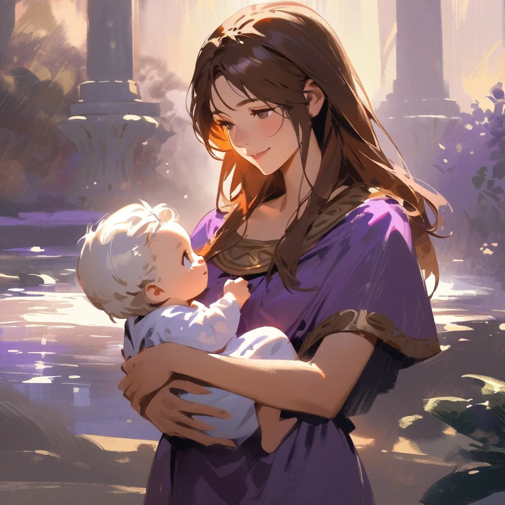 Beautiful, kind, single, 1 girl with tied hair and the queen's crown. Black hair, purple eyes. The queen's dress is neat in white and gold tones. Standing holding a newborn baby at Thong Phra Rong