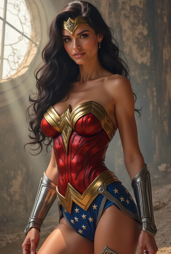 Superman standing with bloody fists and black suite and glowing red eyes, A toned athlete, muscular, blue eyes, black hair Wonder Woman in Wonder Woman’s tiara, red and gold bustier, blue leotard with white stars, ((silver wrist bracelets:1.2)), ((Red knee high boots:1.2)), golden belt with athletic and muscular body laying on the ground unconscious covered in sweat with tattered costumes. (perfect ???????), (masterpiece:1.2), (best quality:1.2), intricate details, Muted Tone, Delicate, Detail, sharp focus, perfect hands, perfect face, perfect eyes, perfect light, dynamic light, natural light