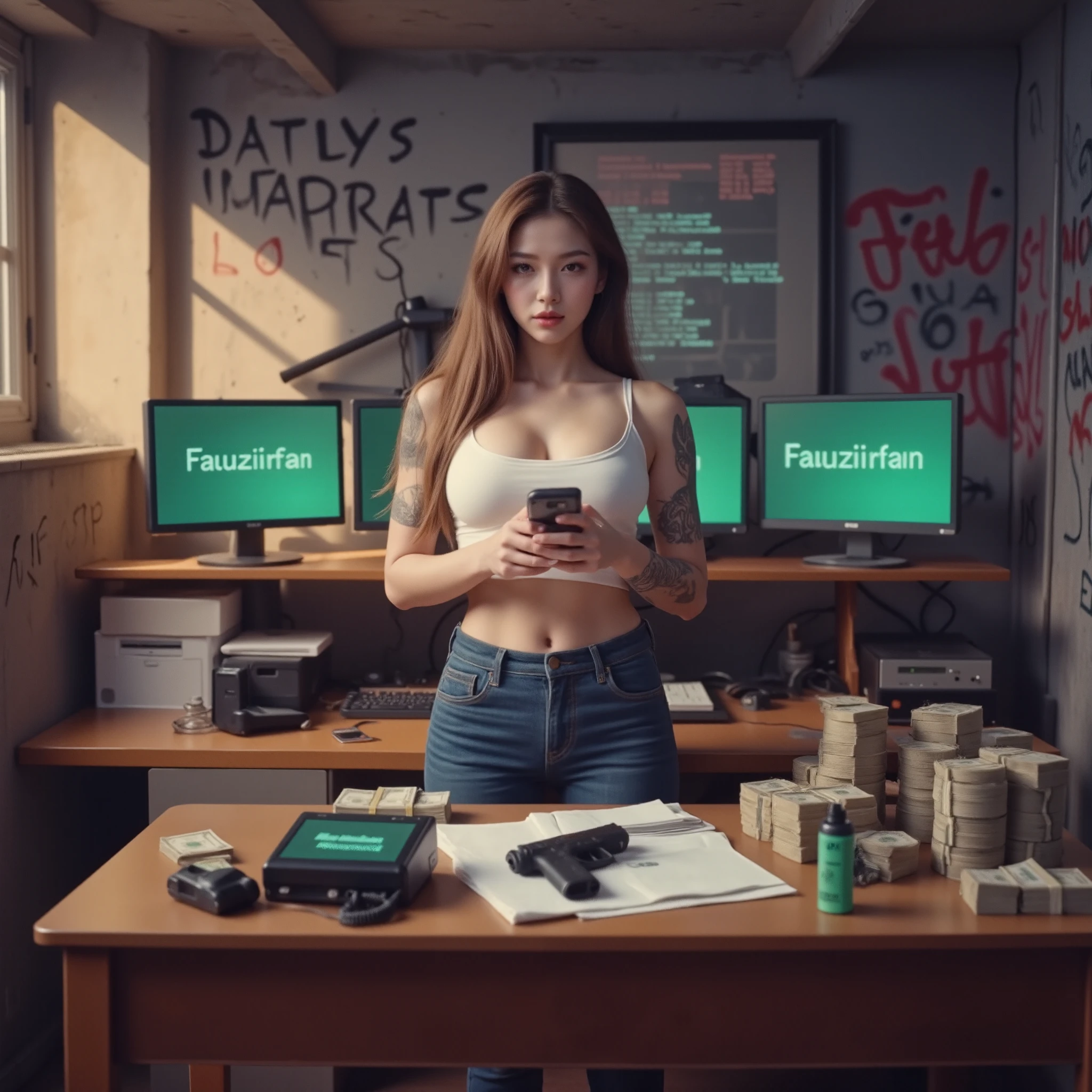 Brown-haired young woman with a sharp gaze, wearing a white tank top and jeans, stands in front of a table full of cash, pistol softgun, and an electronic device. He holds a mobile phone, while behind her are two monitors with coded displays and green graphics, shows mafia activity or drug trafficking of illicit drug cartels (mafia). Cyberpunk-style room with walls full of graffiti that reads "Fauziirfan ", dimly lit from the window, as well as a mysterious underground atmosphere. 3D tribal tatto