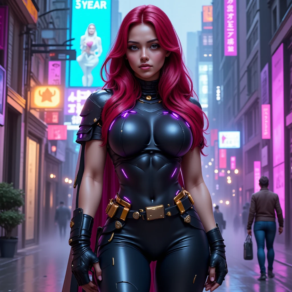 (highres, high quality:1.2), intricate details, cinematic lighting, sharp focus, depth of field, Ingrid, 1girl, mature female, (dark-skinned female:1.1), dark skin, ((close-up face)), (looking at viewer, cityscape, night, city light, determined, pink red hair, very long hair, hair intakes, makeup, lipstick, (mole under mouth:0.8), eyelashes, yellow eyes, detailed face, helloutfit, red cape, black (turtleneck:1.1), (underboob:1.1), black elbow gloves, (coattails:1.1), revealing clothes, center openinulticolored clothes:1.1) midriff, natural large breasts,