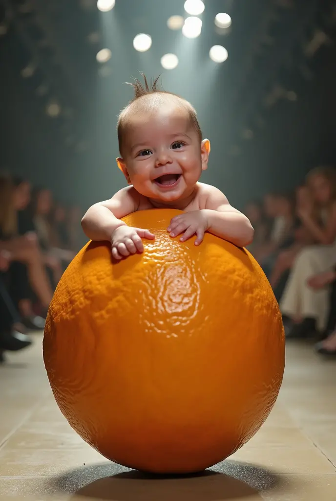 Excessive detail of an Orange with a cute smiling newborn head on top and legs underneath in a real life fashion show.
