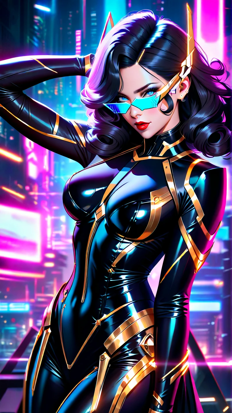 a futuristic femme fatale，(Wearing more sexy and revealing black and silver fashions), Large Breasts, Fit body, (There are explosions in the background，City), reflective glass glasses and a Smooth, High-tech texture, Center, Nearly perfect, Dynamic, Very detailed, Art Station, Concept Art, Smooth, Clear focus, illustration,  Graffiti airbrush technique, HD, Accent Lighting, Contrast with bright paint colors
