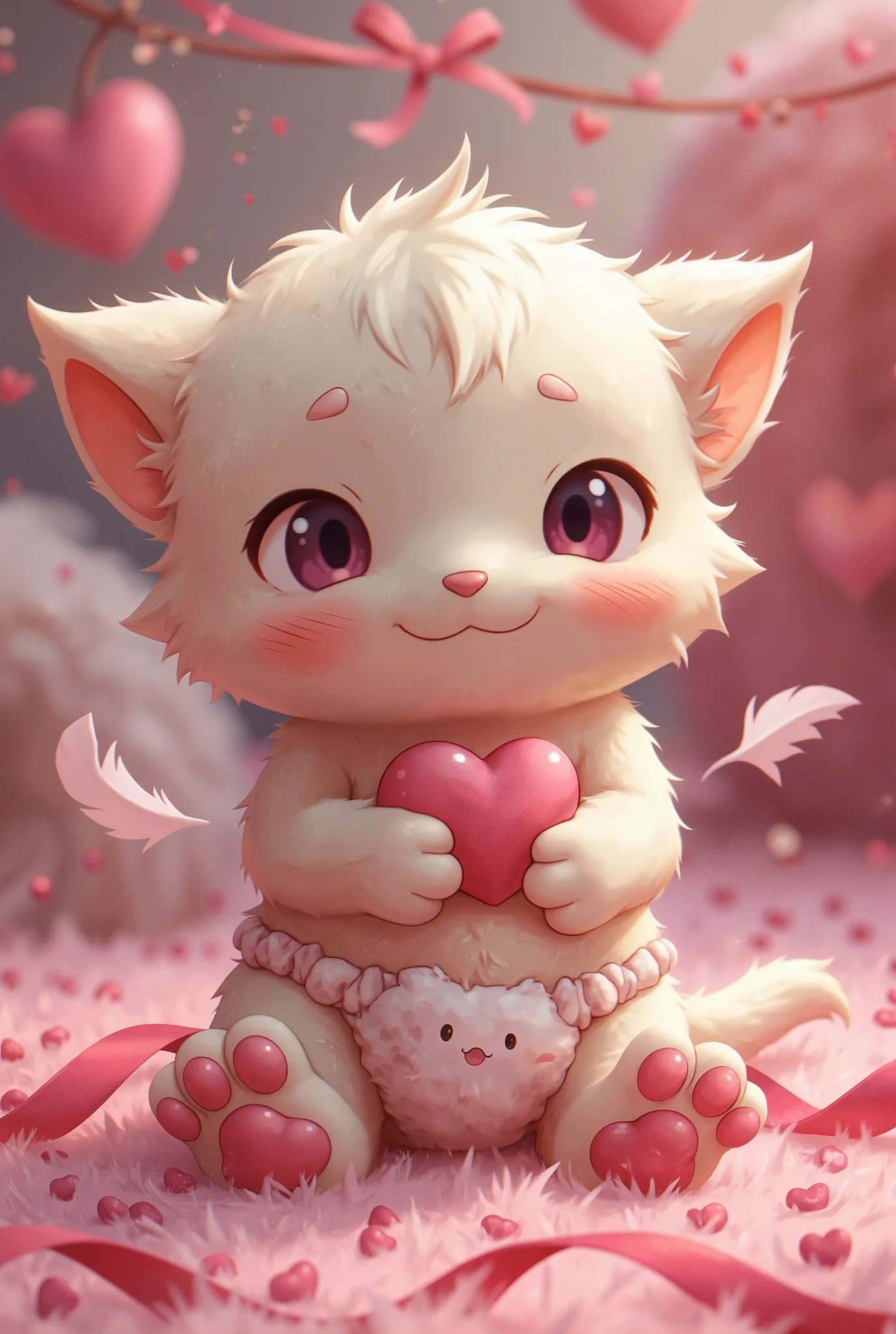 Cat orcs,pink meat pad,Fuzzy toy background, cute style, of Valentine's Day ,Ribbon,A diaper that is fluffy like marshmallow,feather,Tickling,Two-dimensional Q print style,Unrealistic style