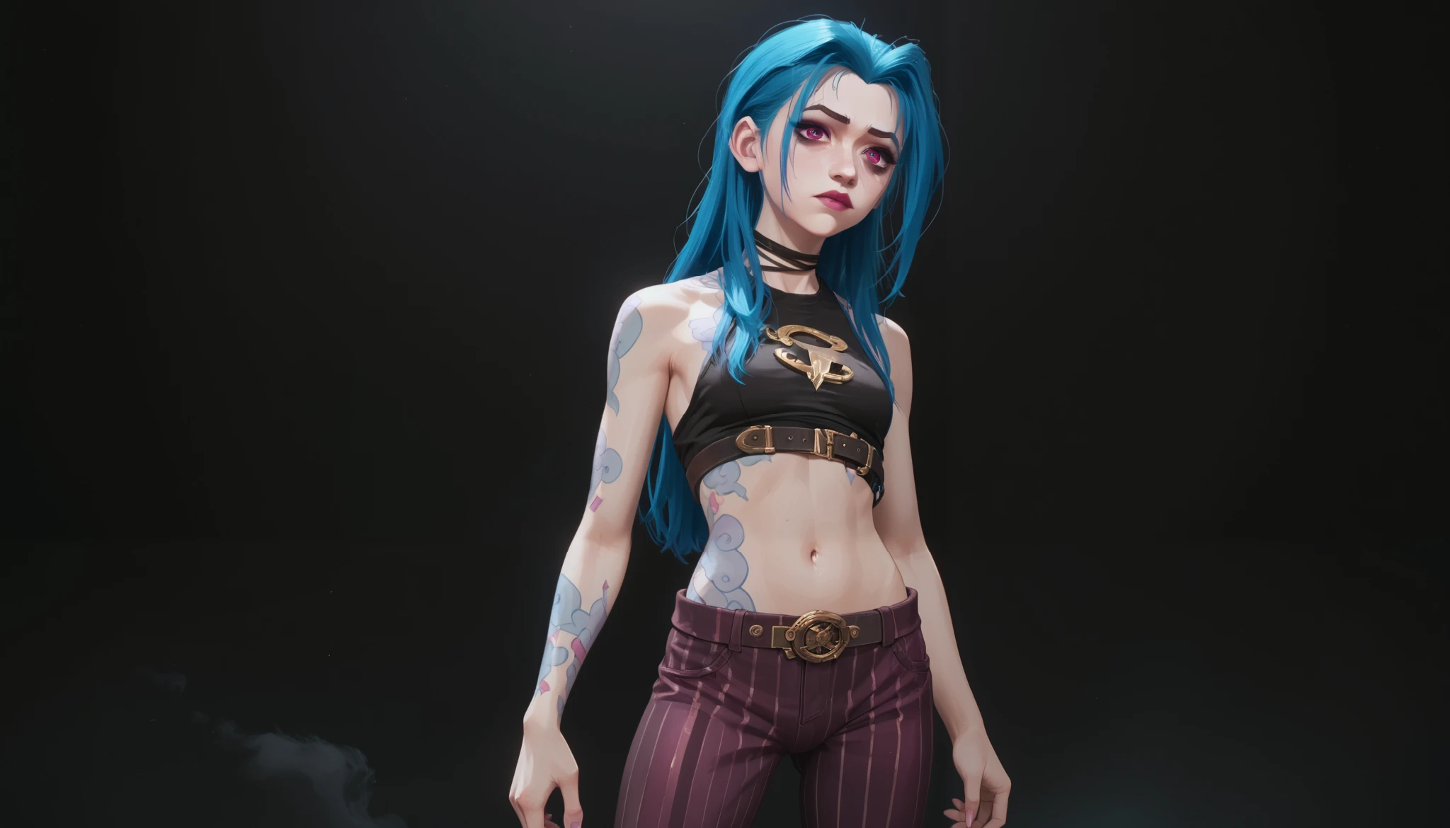 score_9, score_8_ upwards, score_7_ upwards, Jinx, very sexy, erotica,  woman with blue hair and black top,  facing the viewer, (view overhead :1.2.), (( lies on his back)),  ((chest forward: 1.2)),  shows off ass, buttocks, fluffy bangs , voluminous bangs, standing bangs , Loose hair, short hair, flowing makeup, without tails , keeps his hands to his chest,  voluminous hair slim figure, black top,  tight striped pants ,, red and pink eyes ,  hair is loose, 1girl, One, long hair, brilliant,  gradient background ,  dark walls , dark room, darkness, darkness,  ruined room,
