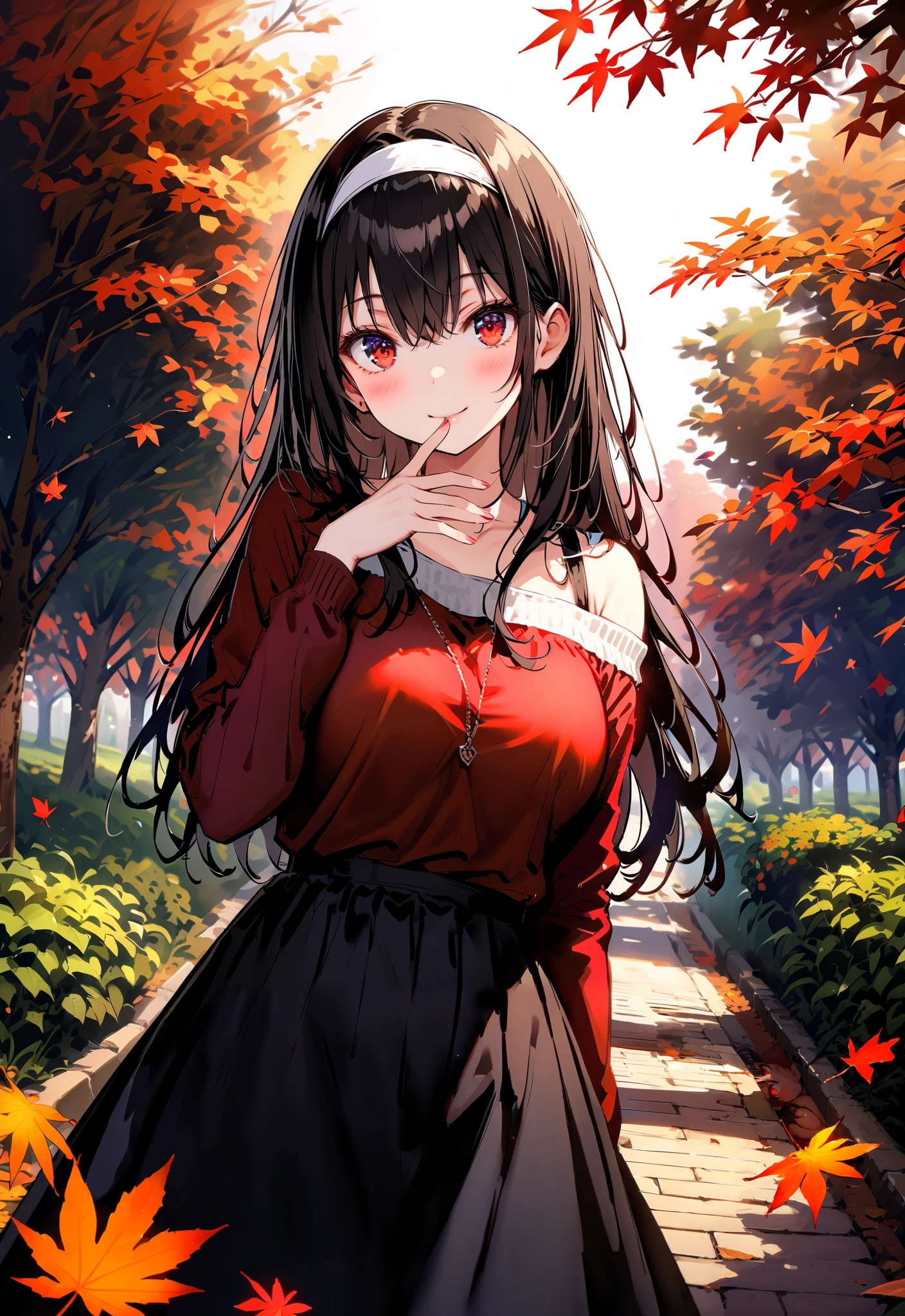 score_9, score_8_up, score_7_up, source_anime, Uta ha Kasumigaoka, black hair, white headband , long hair, red eyes, Big Breasts,smile,blush,close your mouth,white one-shoulder sweater,Black long skirt, Bbo~,autumn leaves,autumn,Trail,Walking,noon,full bodyがイラストに入るように, break outdoors, garden,
break looking at viewer,full body,
break (masterpiece:1.2),Highest quality , kampala, Unity 8K Wallpaper ,(shape:0.8),( fine, beautiful eyes :1.6),It's a person ,full body写真,CG Details , ( perfect hands, complete anatomy),