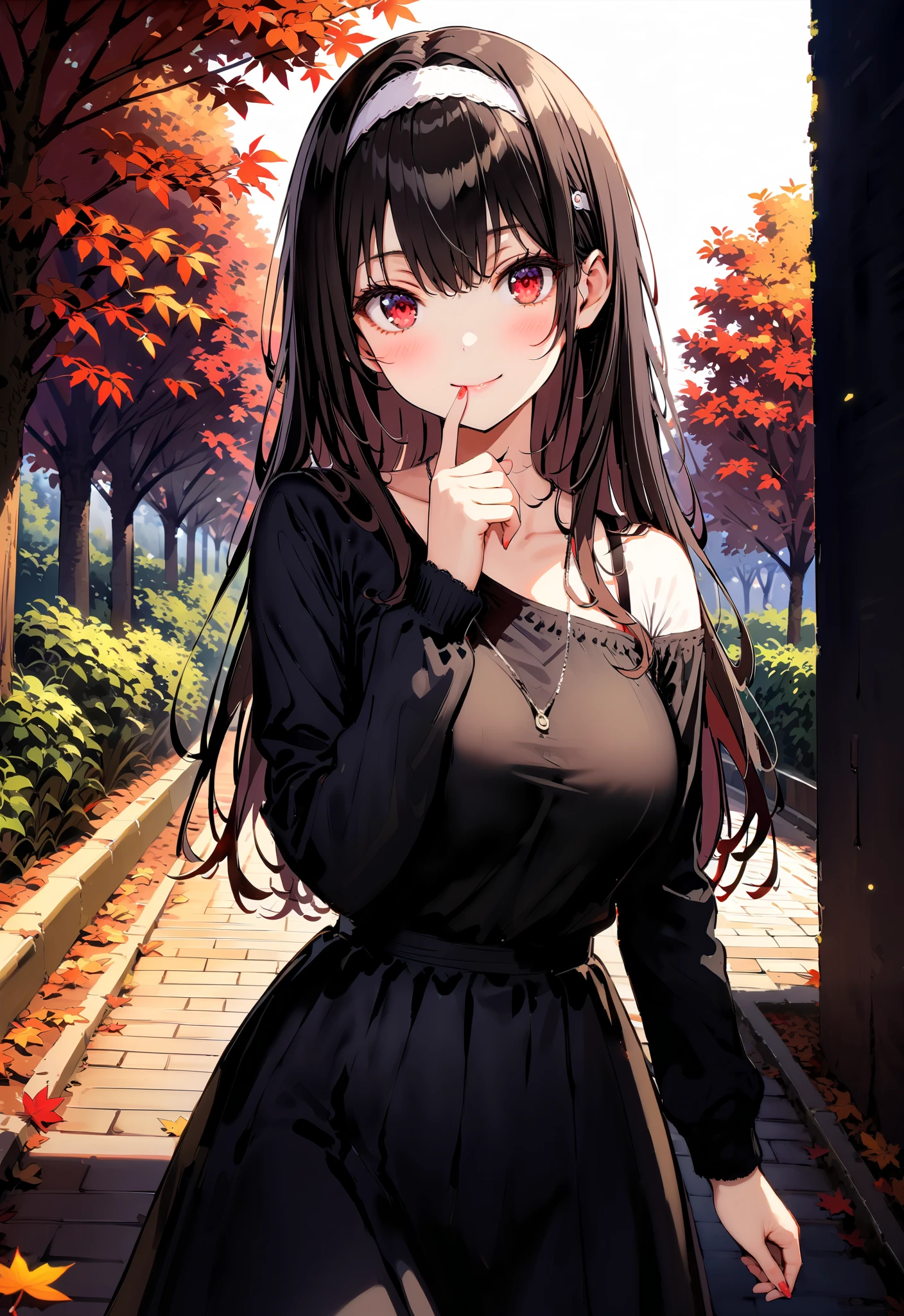  score_9,  score_8_up,  score_7_up,  source_anime, Uta ha Kasumigaoka,   black hair,  white headband ,  long hair, red eyes, Big Breasts,smile,blush,close your mouth,white one-shoulder sweater,Black long skirt, Bbo~,autumn leaves,autumn,Trail,Walking,noon,full bodyがイラストに入るように,                                                                      break outdoors, garden,
break looking at viewer,full body,
break (masterpiece:1.2),Highest quality , kampala, Unity 8K Wallpaper ,(shape:0.8),(  fine, beautiful eyes  :1.6),It's a person ,full body写真,CG Details , ( perfect hands, complete anatomy),
