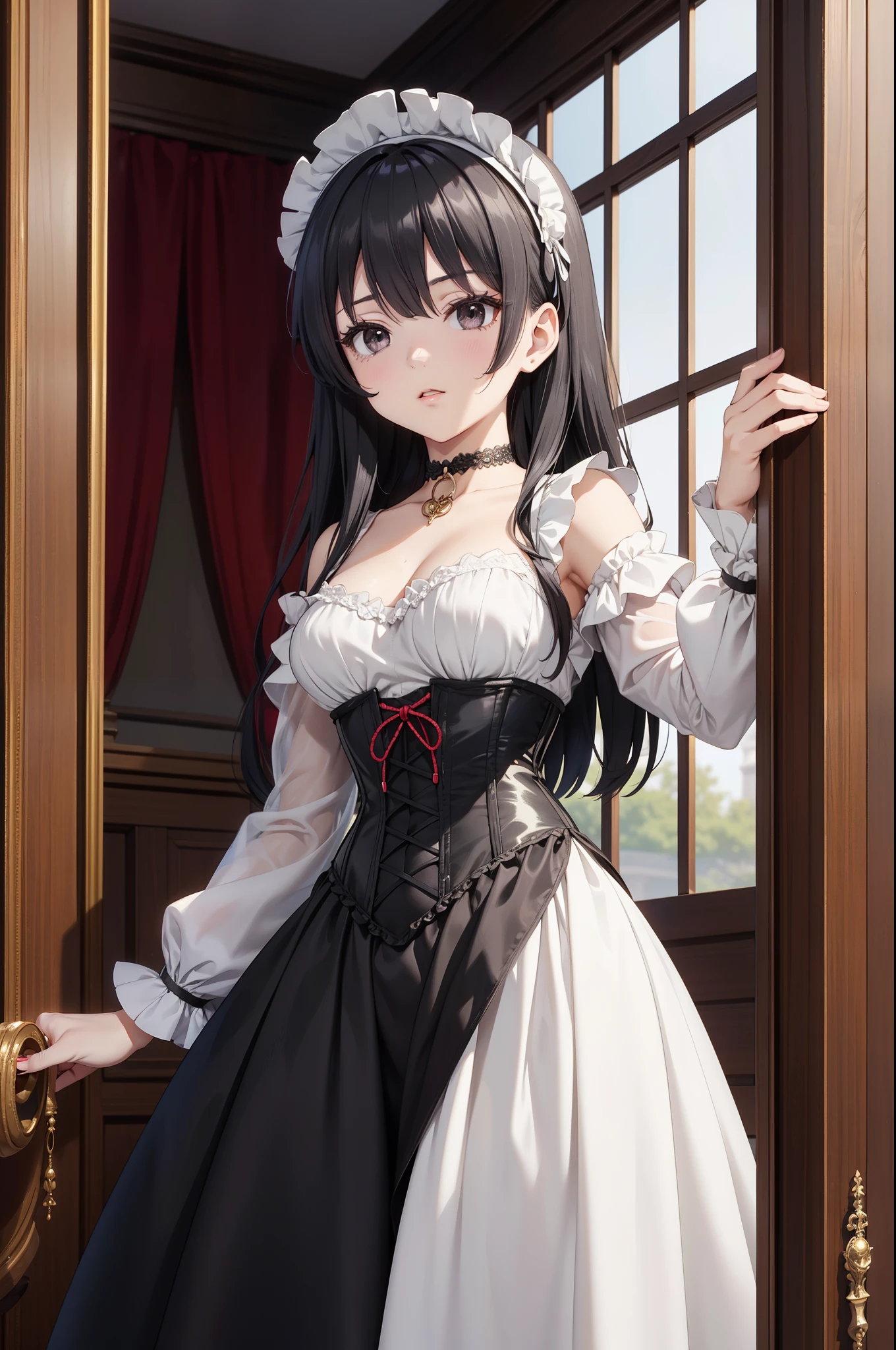 masterpiece, anime style, A young girl, of foot, ( seen from the front ), pretty face, tender look, long black hair, detailed eyes, black eyes, choker : 1.6, ((Victorian style dress in white and red)), corset, self-critical , elegant room, elegant mansion