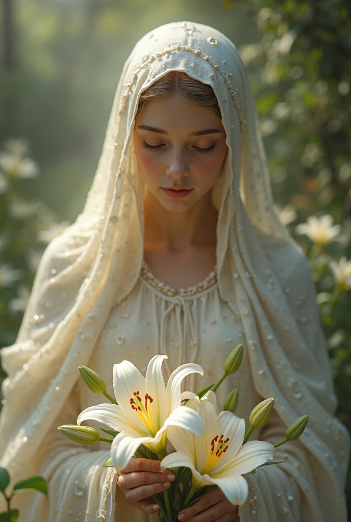 An adult girl wearing a hijab shawl wears a long dress like flowing water made of chiffon, wears white shoes, is in a place where lots of weeds grow, the flowers are white, and there is a tree whose fallen leaves are red. . smiling while holding white flowering wild grass.