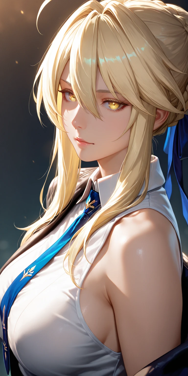 (best quality, highres), portrait, mature woman, Blue eyes, long hair, swept-side bang, [[brown hair]], (blonde hair), big breast, high resolution cg 8k, beautiful cg、セーラー服