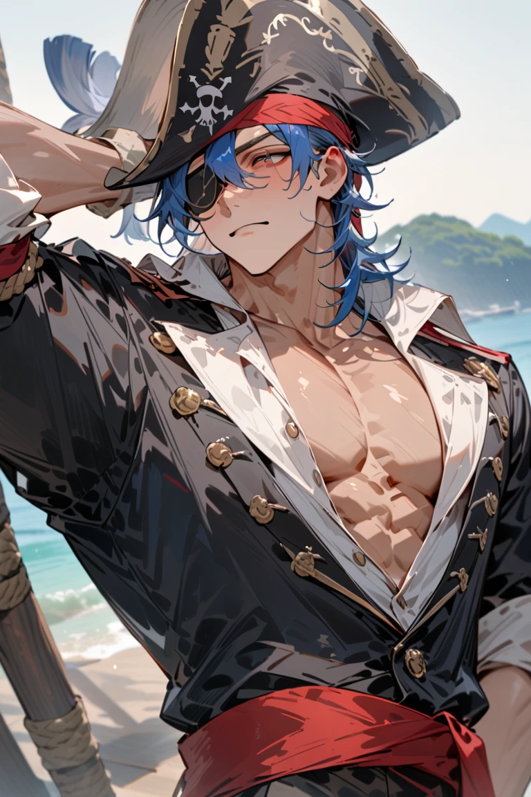 absurdres, highres, ultra detailed, HDR, master piece, best quality, Dabi, black hair, expressive turquoise eyes, Boku No Hero Academia, solo, sexy man, handsome, horny, lewd, black hat, fantasy black pirate clothes, accessories, showing the chest, beach, sea, petals, flowers