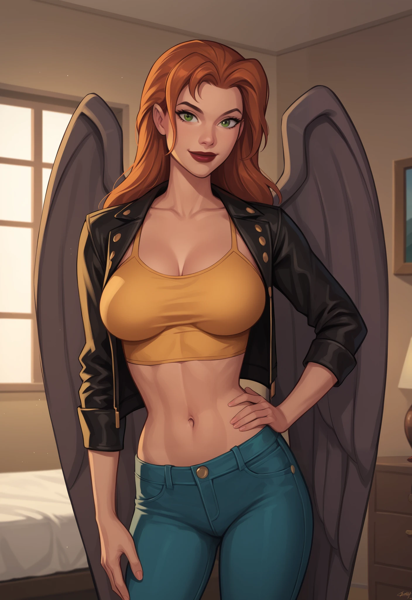 safe_pos, PonyXLV6_Scores BREAK ((retro artstyle, parody)), perfect anatomy, cowboy shot) shayera hol, wings, long hair, green eyes, ((looking at viewer)), superhero, jade orange crop top, jade orange jeans, jade orange leather jacket, curvy, toned, athletic, large breasts, standing, indoors, smiling, closed mouth, bedroom , happy expression, dark red lipstick, open jacket