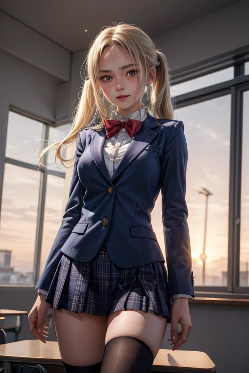 sexy:1.3,
(anatomically correct),(best quality),(masterpiece),skin texture,
light tanned skin,solo,woman,(wavy hair,blonde),(medium breasts), cleavage, necklace, tattoo
(school uniform:1.5),(black-Blazer),(school uniform plaid skirt),(School Uniform Shirts),
open clothes,
(sots style),