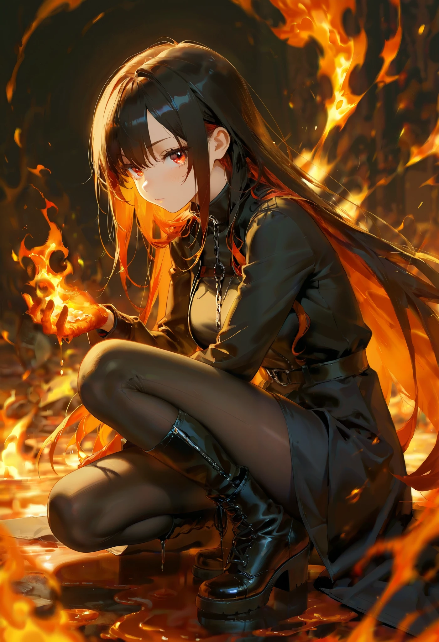 1girl, black long hair, black boots, black long coat,dark red inner color hair, burning hands, melted ground, beautiful red eyes, Swirling Flames, masterpiece, best quality, amazing quality, detailed background, intricate details