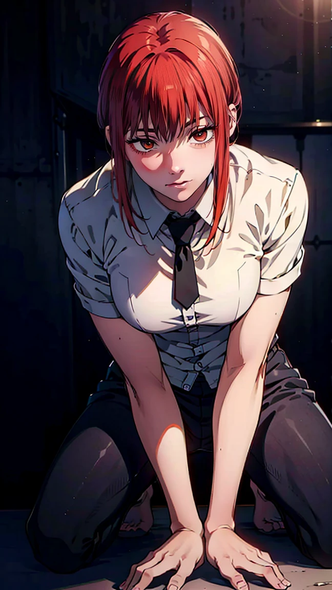 The character Makima from the anime series Chainsaw Man, fragile, full length (Full body 1.1.), dark background, darkness, Correct anatomy 1.1, holds his hands behind his back, correct hand anatomyVery sexy, erotica, very feminine, beautiful figure, legs, buttocks, beautiful body, red hair, orange eyes, Red circles for schoolchildren, summer dress, sexy pose, realistic, very detailed, beautiful body, detailed body, detailed hands, detailed, Vibrating, detailed Face, Makima character design. very detailed, detailed body, detailed hands, detailed Face, anime art, Hugh Details, Very downcast face, detailed eyes, Super thin illustration, best shadow, Fine detail, beautiful detailed glow, beautiful detailed, Extraordinarily beautiful, extremely detailed, inexpressive, epic composition, Anime style. anime art anime art, Anime style,