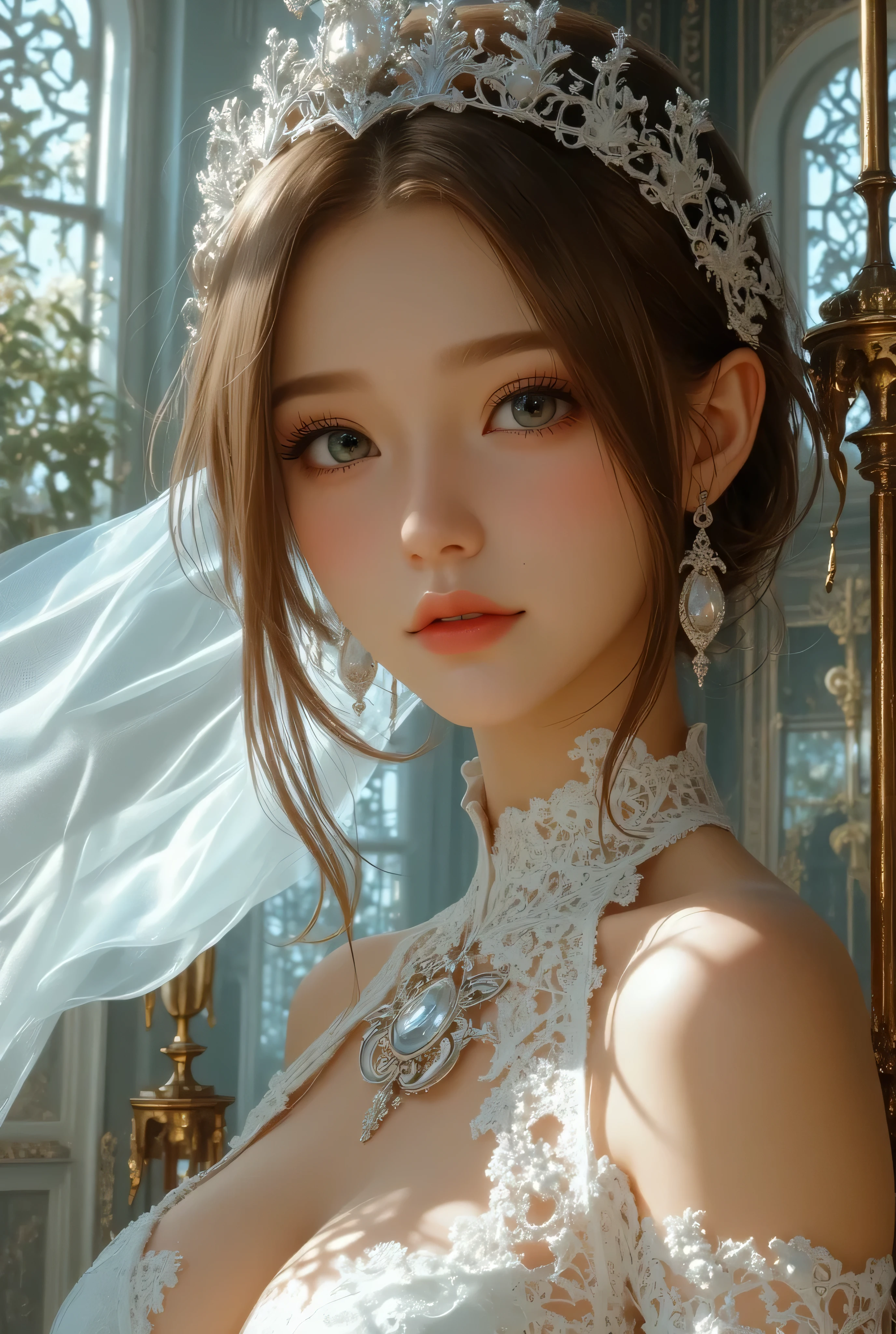 (One girl), Updo, Princess, Very cute face, Great face and eyes, (Very detailed目, Very detailed顔), Fresh, Very beautiful appearance, (Ultra-realistic, High resolution), (Highest quality:1.4), (super high quality), Real skin texture, RAW Photos, (Realistic, Photorealistic:1.37), Very detailed, Professional photography, (beautiful lace bridal dress:1.5), (front open lace bridal dress), (Cleavage:1.2), (Exposing shoulders), smile, (Look at me), Gorgeous tiara, Luxury Accessories, Necklaces and earrings, (Luxurious living room:1.3), Portrait of a Girl,