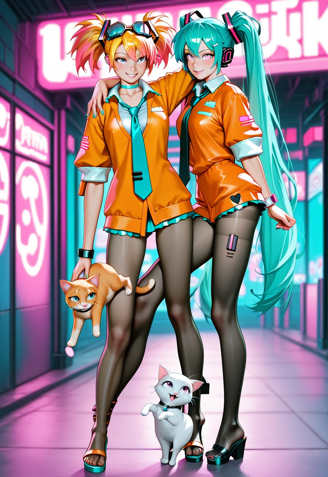 a beautiful female, 2 girls, rainbow color, cat ears, rainbow hair, stylish hair, mechanical wings, fantasy, jungle, nature, wildernes, beach, palmtreas, fruit, lens flare, ancient ruins, closeup, no pants, machine, cars, street, neon signs, planets, no clothes, nudist, neon green hair, space buns, giant tentacles touching, rainbow hair, fractal galaxy sky, busy scene, amazing, with cute face and long hair, cyberpunk city, mega robots, high technology, city, very detailed, no clothes, Ethereal Cyberverse, Extreme abs, Cybernetic Frequential Fusion,nudist,