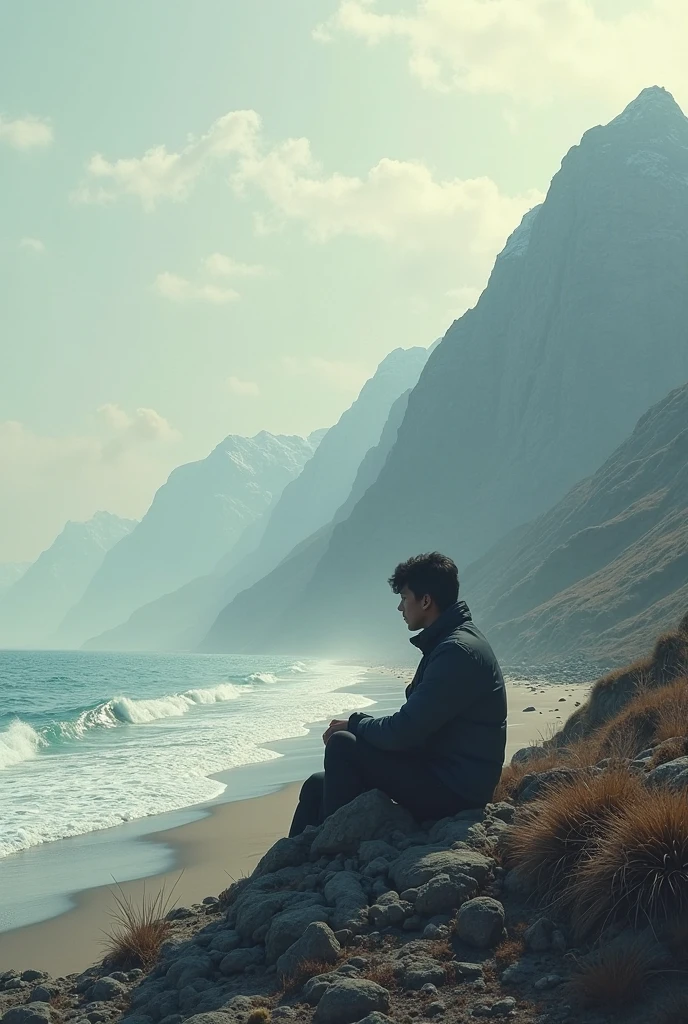 A man stands excitedly at the edge of a lake and looks at the water with excitement, sad, Thinks, nearby