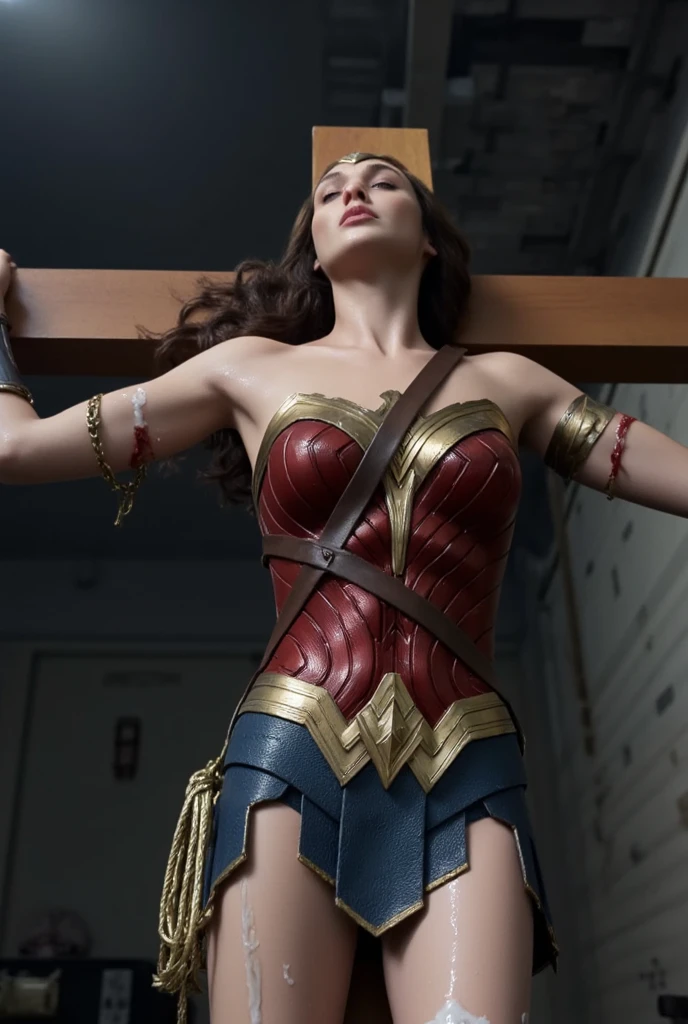 rain,Heavy rain,豪rain,In the midst of a storm,Full body soaked,my hair is soaked,dripping water,((crucifixion)),(cross),(execution),((incontinence)),Bruises on the face, close ~ eye, (sleeping face), syncope, unconsciousness, ((Woman in crucifixion at the cross:1.5)),crucifixion刑,(wonder woman),torn costume, ((tattered clothes:1.2)),Bruises on the body, masterpiece、fine eye、highest quality, 超High resolution, (reality: 1.4), movie lighting、(Ultra-realistic)、(High resolution)、(8k)、(very detailed)、(Super detailed)、 detailed face、bright lighting、professional lighting、slanted bangs、brown hair、20-year-old,wonder womanティアラ, whole body visible, full body shot, ((unconsciousness:1.8)), ((injury:1.4)), (((face of Gal gadot))), ((wounded:1.6))