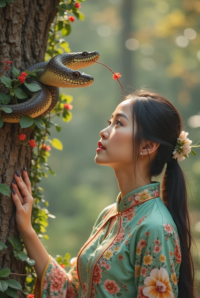 A young female teacher is wearing áo dài and looking up at the snake on the tree, around the teacher has flowers and the snake is having a flower in its mouth (the picture in vintage styles and zoom in abit)