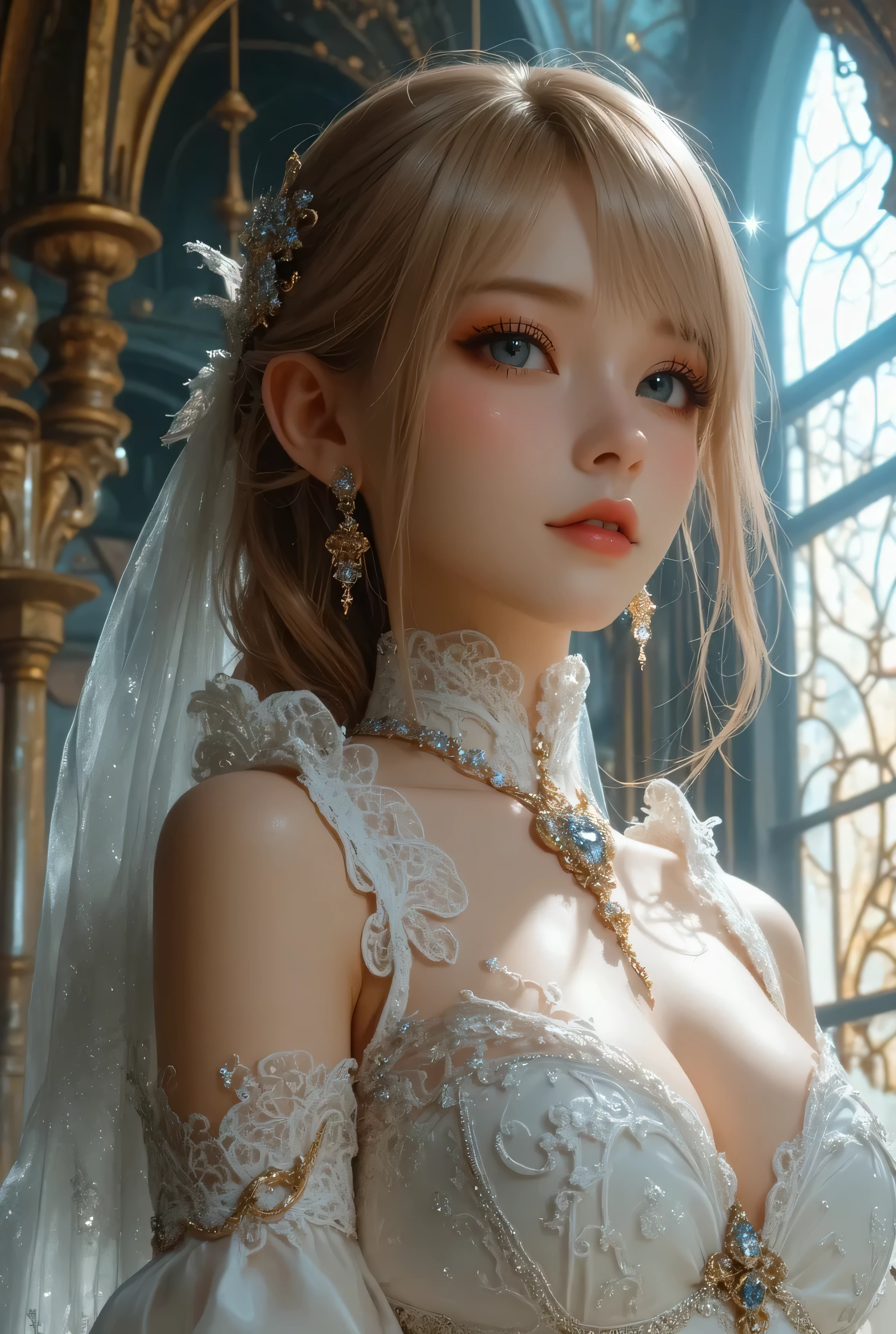 Sexy girl in ((WHITE)) and Delicate lace underwear, with Glossy RED lips, (Exposed:1.2), (nipple:-0.9), { closeup of Cute lips | Dynamic-angle }, ((Dazzling stained glass Background)), (( colorful Light shines through stunning elaborate stained glass:1.2)), vivid Red colors . ((Acutance:0.8, physically-based rendering)), (masterpiece:1.2), (ultra-detailed:1.35), (realistic, photorealistic, ((photo-realistic:1.37))with touch of rawness) . ((Renbutsu Misako)), (Extremely detailed KAWAII face variations, with Dynamic expressions), detailed eyes with sparkling highlights, captivating gaze, long eyelashes, subtle blush on the face, rosy cheeks, impeccable oiled ivory skin texture . { full of flowers covering girl's body | Mystic sight | haze | Light Particle | Lens Particle | Lens Flare | Dazzling angle's Halo | Overflowing sideboob } . ((( not Detailed fingers:-0.9))) .