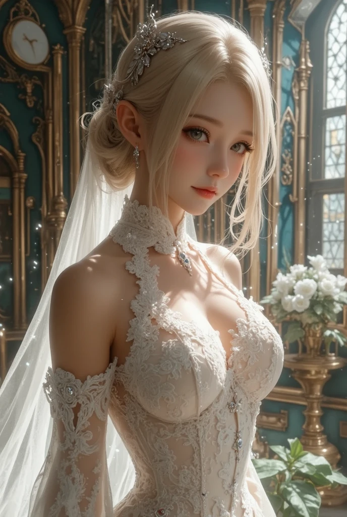 { - anatomy error}(Masterpiece - Ultra-detailed, very high resolution) Prepare to be enchanted by a true masterpiece that combines ultra-detailed art with high-resolution rendering. This work depicts a mesmerizing woman with very long blond hair (1.3) and captivating gray eyes (1.2), emanating an aura of elegance and mystery in Victorian settings. The intricate details and realistic textures invite you to explore every aspect of this enchanting composition. Woman wearing beautiful classic Victorian costume from the year 1878. Red lips. Happy face. Smiling. white (white) dress. backwards, looking back, dynamic poses. Get ready to dive into a world where beauty and craftsmanship merge perfectly.
