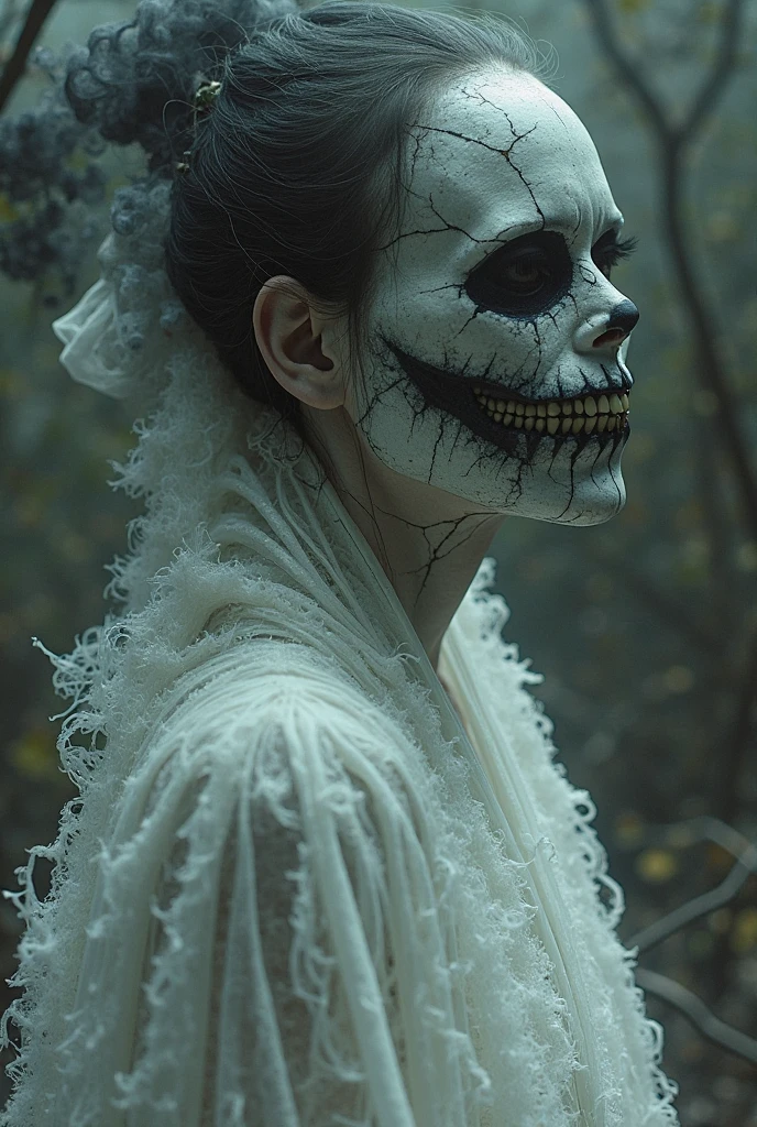 Voodoo priestess, Demonic, ominous, evil, scary, horror, terrifying, Hauntingly beautiful ghost bride, beautiful, voodoo priestess, angry expression, skeleton seen through clear nude skin ((transparent naked body)), monochromatic, eerie lighting, smoke, wispy tendrils, ethereal, ((cemetery in forest)), intricate, photo-realistic, hyper-detailed, digital painting, 8k, sharp focus. In the style of mark ryden and nicoletta ceccoli and ross tran and and artgerm.
