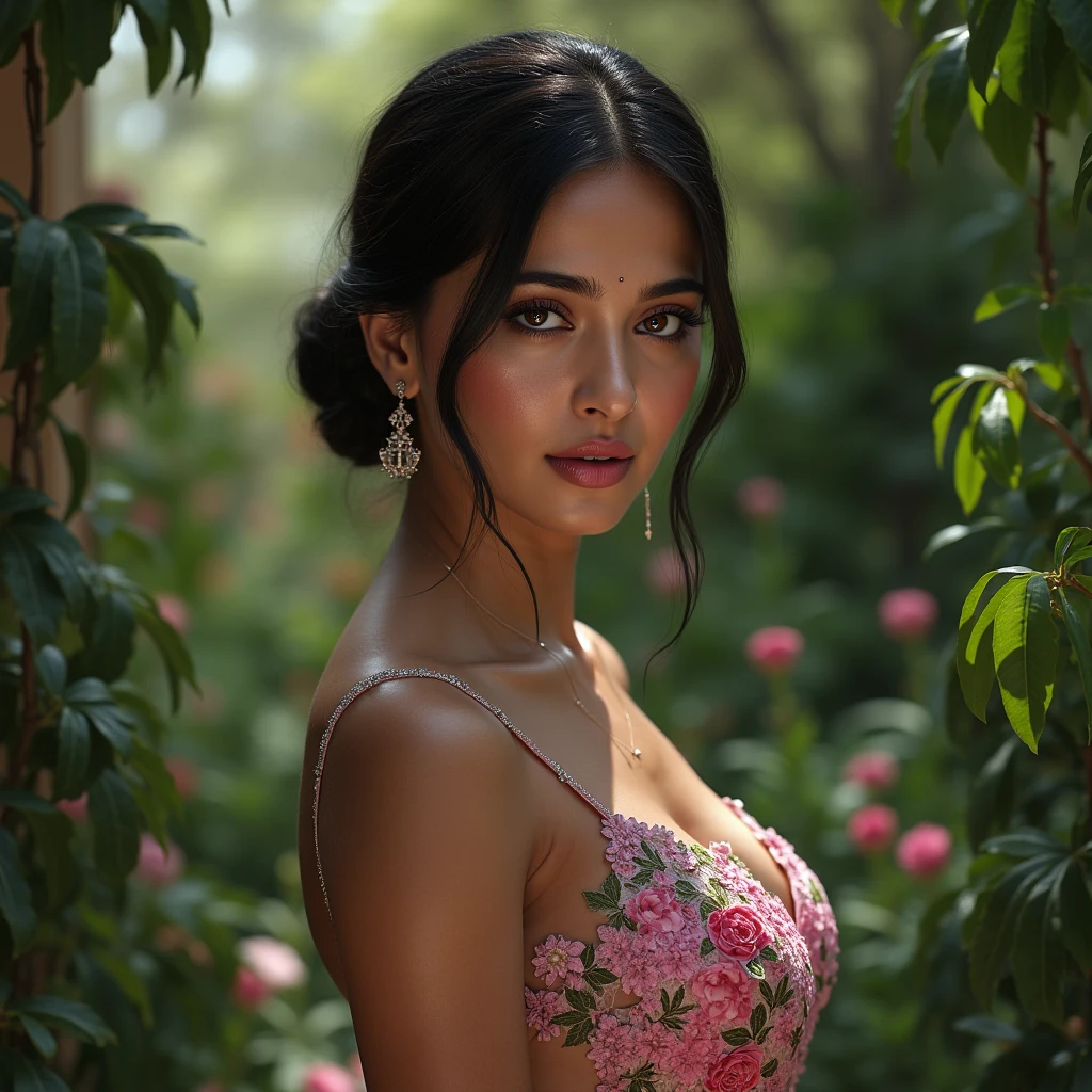 Beautiful ,23 years young girl,confident looking,8k,realistic,dark brown hair,fair skin, indian,long hair,clear facial features, wearing beautiful dress and flowers 🌷🌹and hairs on face make it seductive effect, deep cleavage