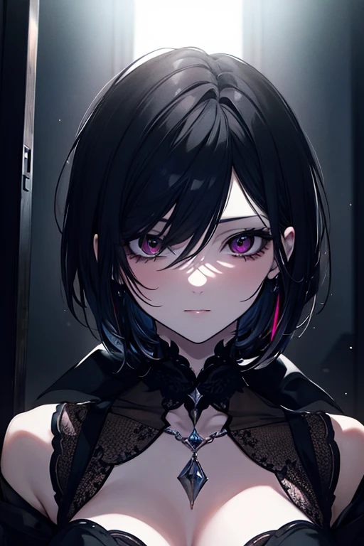 (digital painting),(best quality), masterpiece, 8k resolution, (dark mood background:1.4), dark fantasy, anime girl, one girl, solo, beautiful girl, sexy, goth girl, pale skin, big breast, beautiful breasts, seducing, (yandere: 1.2), detailed lips, beautiful lips, red lips, big eyes, (red eyes:1.2), glowing eyes, (very detailed eyes:1.4), cute girl, short hair, black hair, crown, dramatic lighting, deep shadows, (wide angle lens distortion:1.2)