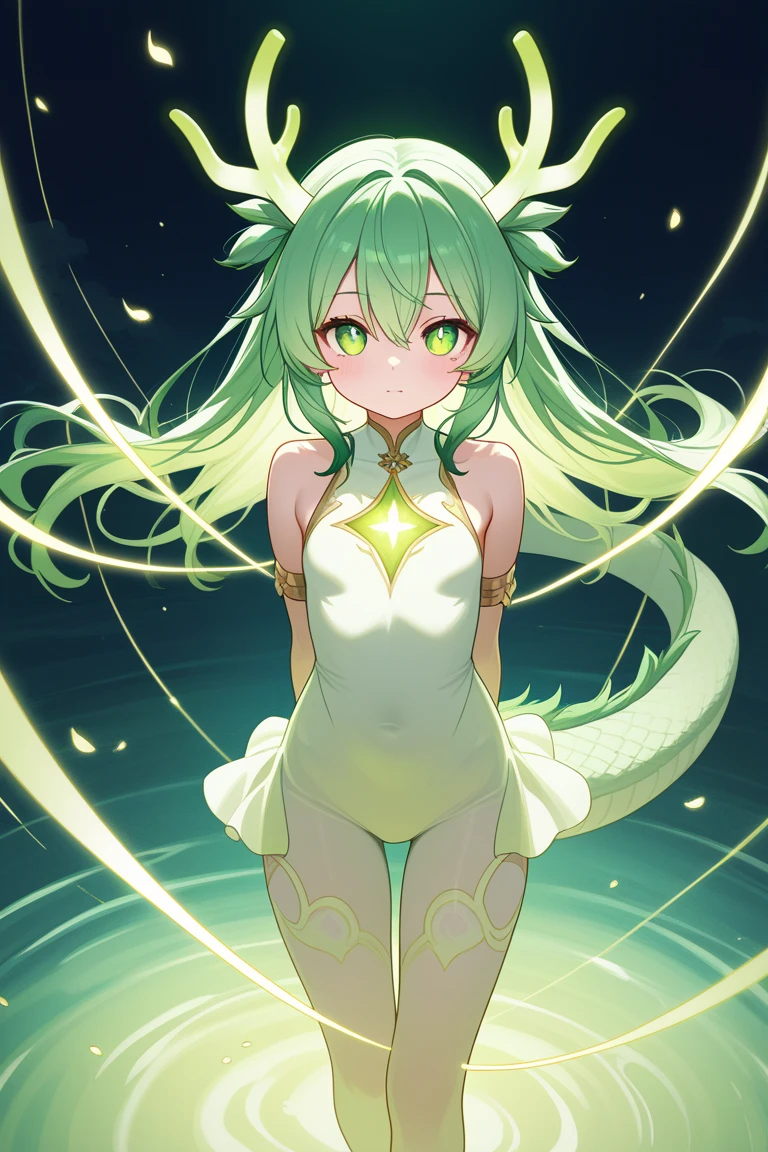 Only white background、wearing a dragon costume、smile、The cutest in the world、Green Hair、Photograph your whole body from the front、Knee-high socks、Looking up、Standing pose、Covers from head to toe!、Dragon's 、Take a full-body photo!!!The corners are gold、Dragon's Tail、The camera is in front、Carefully crafted down to the last detail、Especially the face is drawn cutely.