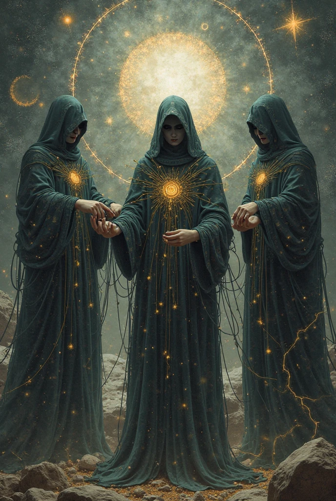 Act like the Three Fates of Greek mythology, known as Clotho, Lachesis and Atropos. OLD WOMAN, DARK IMAGE WITH VEIL ON THE HEAD, ONE OF THEM CUTTING A GOLDEN THREAD WITH SCISSORS. THE OTHER HOLDING A BAND OF GOLDEN THREAD, masterpiece, anatomically correct, award-winning, best quality, high resolution
