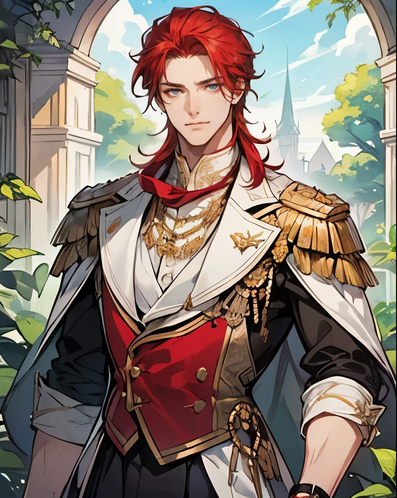 1 Caucasian man (handsome face, handsome, tall, broad, muscular, neck length spiky hair, red hair, elegant attire, nobleman, fancy, blue eyes, gentle, smile),background(fancy garden),(Best Quality,Highest quality,masterpiece,detail,Super fine),(standing up,)