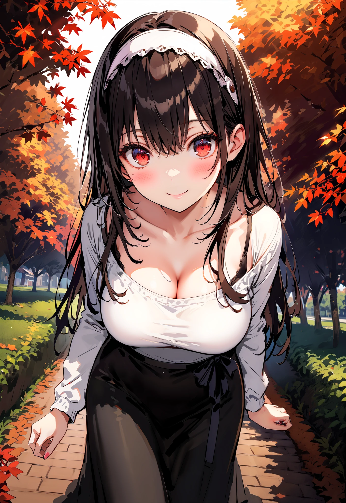 score_9, score_8_up, score_7_up, source_anime, Uta ha Kasumigaoka, black hair, white headband , long hair, red eyes, Big Breasts,smile,blush,close your mouth,white one-shoulder sweater,Black long skirt, Bbo~,autumn leaves,autumn,Trail,Walking,noon,full bodyがイラストに入るように, break outdoors, garden,
break looking at viewer,full body,
break (masterpiece:1.2),Highest quality , kampala, Unity 8K Wallpaper ,(shape:0.8),( fine, beautiful eyes :1.6),It's a person ,full body写真,CG Details , ( perfect hands, complete anatomy),
