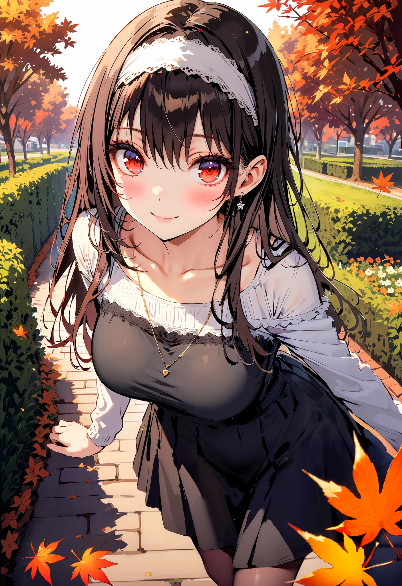 score_9, score_8_up, score_7_up, source_anime, Uta ha Kasumigaoka, black hair, white headband , long hair, red eyes, Big Breasts,smile,blush,close your mouth,white one-shoulder sweater,Black long skirt, Bbo~,autumn leaves,autumn,Trail,Walking,noon,full bodyがイラストに入るように, break outdoors, garden,
break looking at viewer,full body,
break (masterpiece:1.2),Highest quality , kampala, Unity 8K Wallpaper ,(shape:0.8),( fine, beautiful eyes :1.6),It's a person ,full body写真,CG Details , ( perfect hands, complete anatomy),