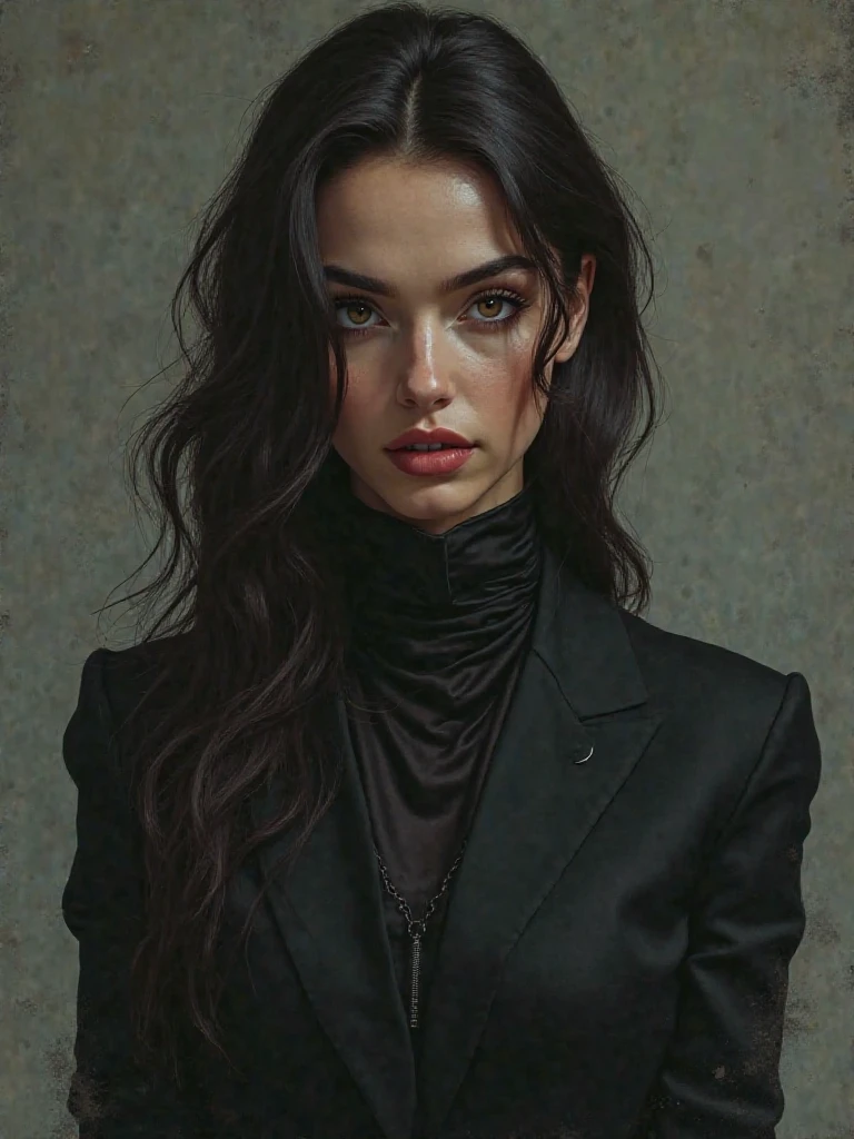 mujer con cabello negro, ojos marrones, traje suit, mafia girl, baddie