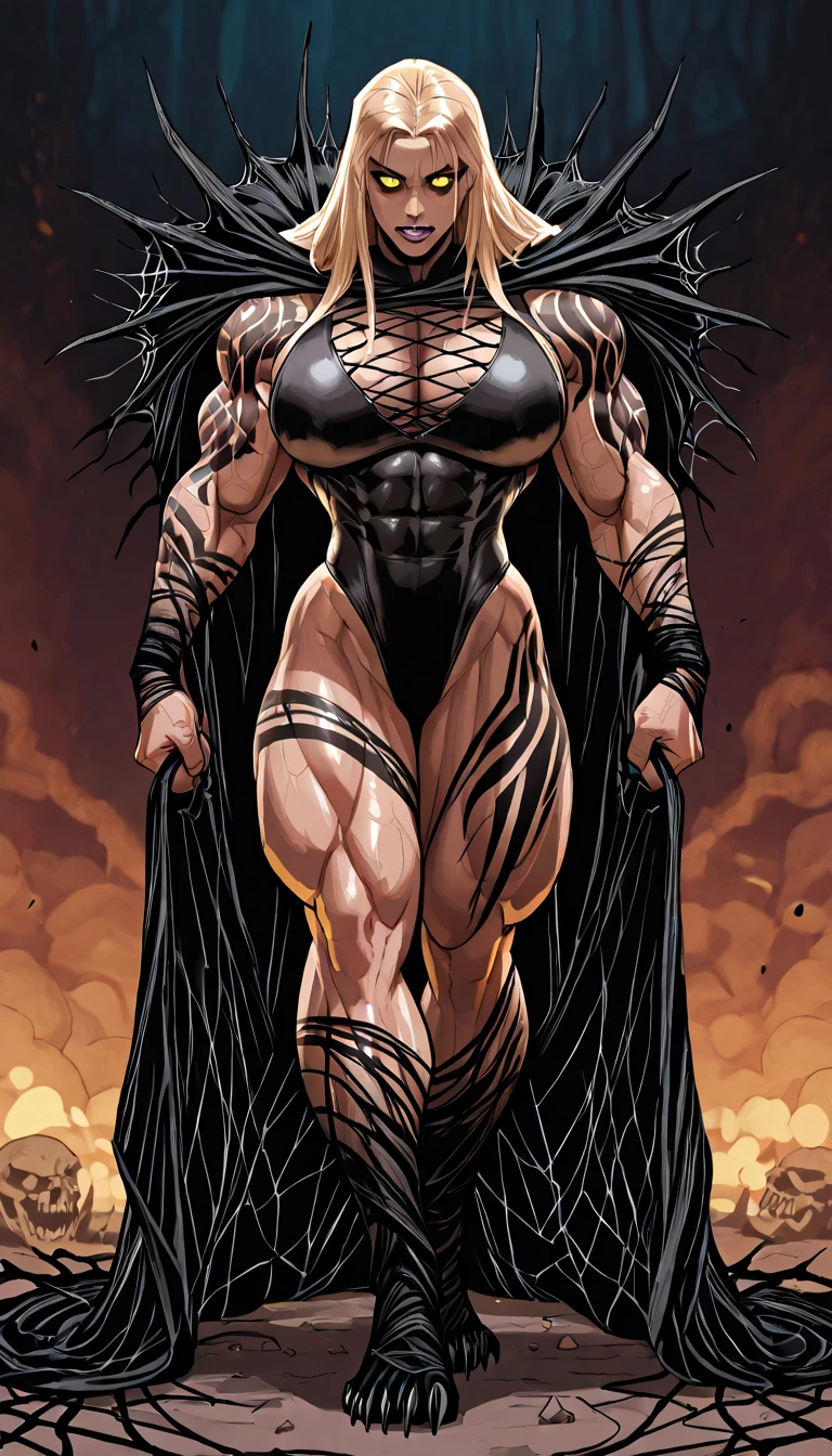 1 girl, Strong muscles, bald, powerful thighs, Very big muscles, huge breasts, gray skin, sharp carnassial teeth, yellow eyes, Creepy Face, abnormal, monstrous claws, chitinous spots on the arms and shoulders, attacks. ((Best quality))