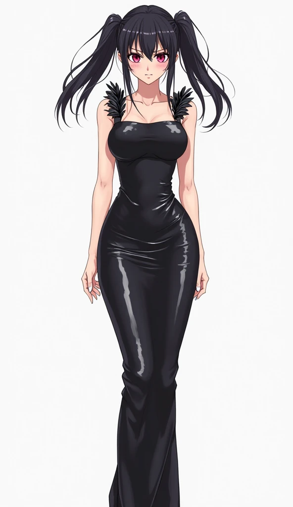 1girl, milf, large face, red eyes, long hair, forehead, black hair, straight hair, black choker, huge breast, red dress, lipstick thicc legs, pantyhose, cowboy shot, bella goth