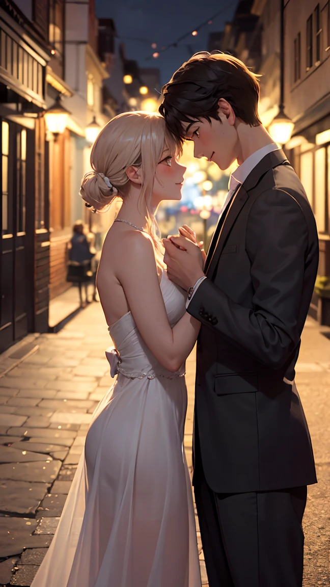 A romantic night in the city, where a young couple gazes at each other with excitement. The background is softly lit with streetlights and blurred illuminations. Their cheeks are blushing, and to express their heightened heartbeat, a faint glowing effect is seen around their chests. Anime-style, delicate lighting, beautiful color palette.