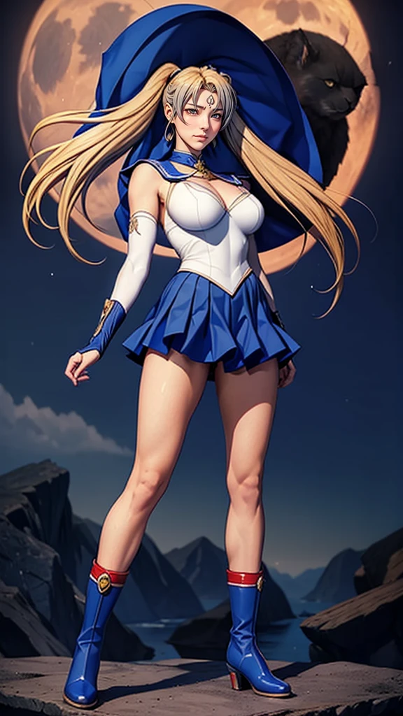 8K，original photo，Best quality，masterpiece：1.2），（Ultra-high resolution：1.0），detailed illustration，detailed，（Realistically，Honesty：1.37），Delicate and beautiful skin，Two long legs，close up，Sexy，fighting，huge breasts, Huge ass, big legs, plump body, sexly, Sailor Moon，Sailor Moon，Double tail,blond， #5: Parted Bangs, Hair accessories, Crescent facial markings, Jewelry, earrings, Necklace, Fluffy short sleeves, Pink sleeves, heart brooch, White gloves, Elbow gloves, Layered Skirt