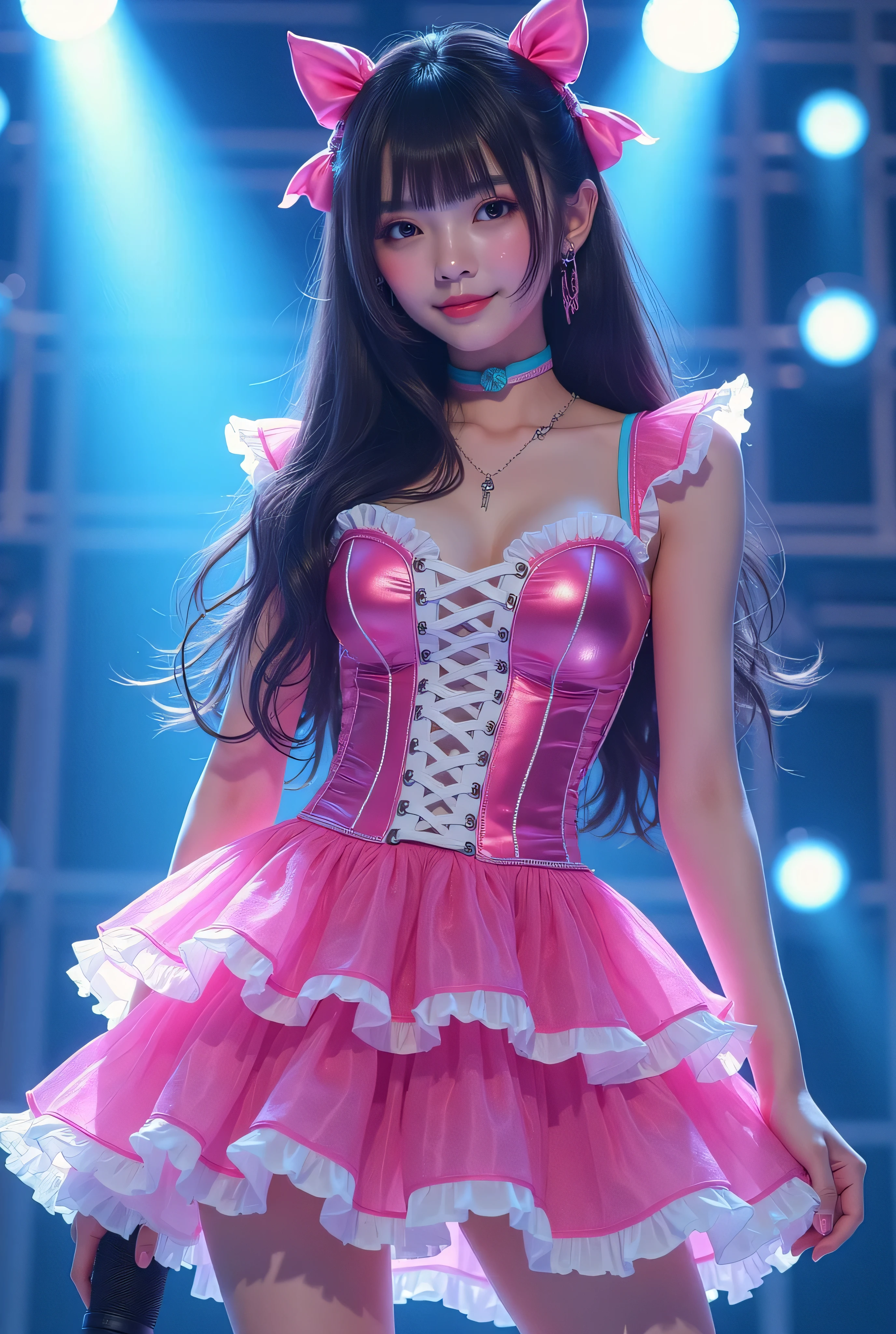 Create a highly detailed, realistic image of a young woman with long, dark hair styled with two small pink bows on either side. She is wearing a vibrant and transparent shinning glossy pink short dress that has a layered, frilly design with white ruffled edges on the sleeves and neckline. The dress has intricate lace-up details on the front, with white ribbons crisscrossing over the bodice. A large, white bow is tied around her waist, and the skirt is layered with multiple ruffles, alternating between white and pink frills. The upper part of the dress has a mix of white and blue accents, especially around the shoulders, giving it a lively, idol-like appearance. The girl’s expression is cheerful and playful, with a radiant smile, captured both in performance and posing with a slightly pensive look. Ensure that her outfit appears shiny and glossy, reflecting stage lights, and incorporate a vivid, performance-like atmosphere in the background. Some Lights shooting around, she hold microphone, head thighs portrait,